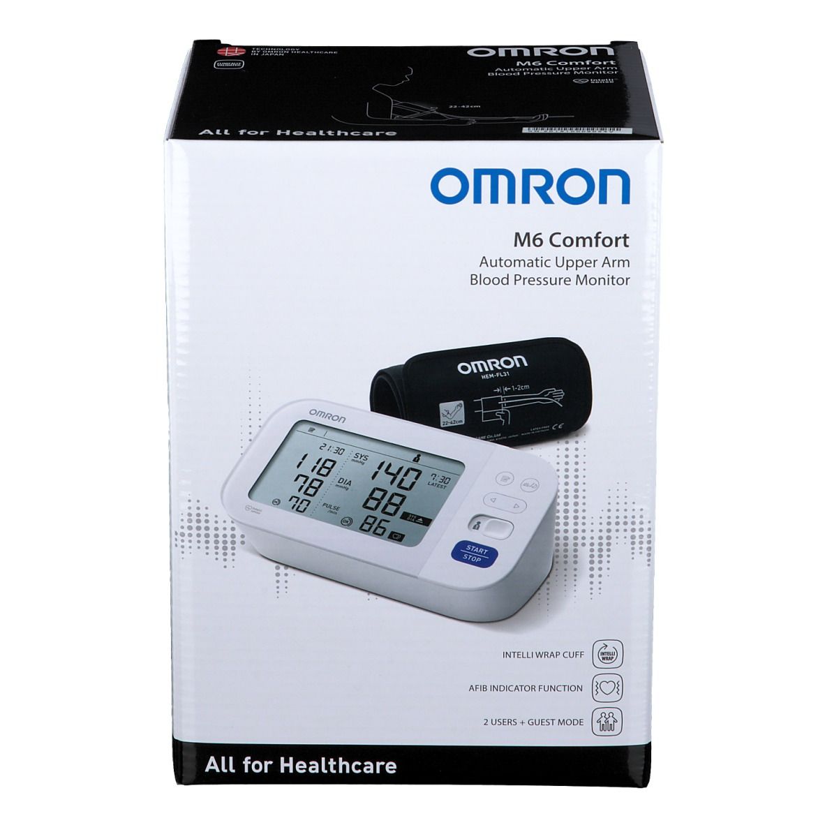 Verpakking van de Omron M6 Comfort bloeddrukmeter. Toont apparaat, manchet en display met metingen.
