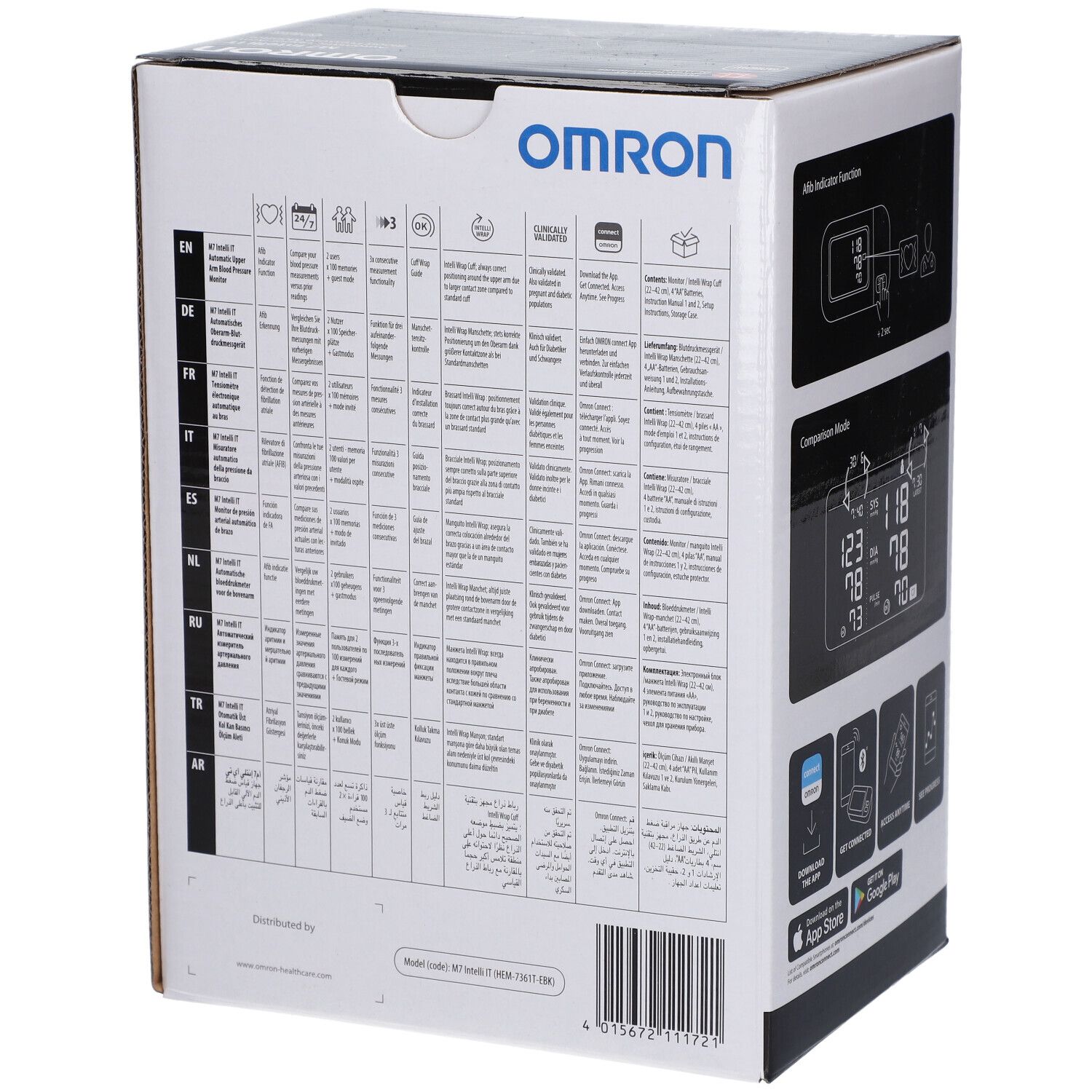 Rückseite der Omron M7 Intelli IT Verpackung. Mehrsprachige Produktinformationen. Produktname und Logo oben.