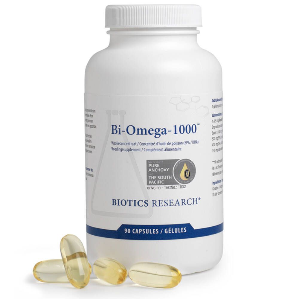 Witte fles met capsules en drie capsules ernaast. Opschrift: Bi-Omega-1000, Biotics Research. 90 capsules.