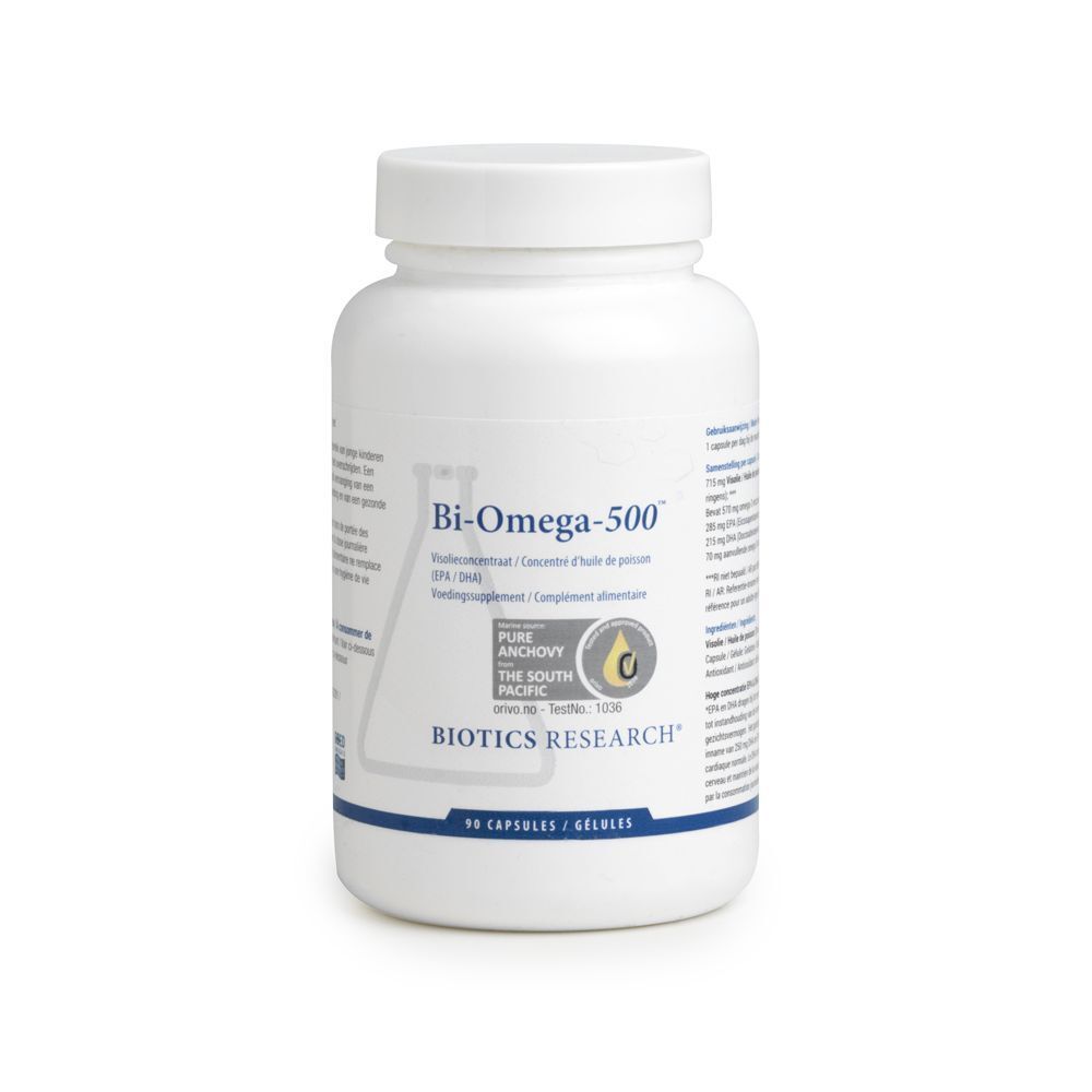 Witte fles met capsules. Opschrift: Bi-Omega-500, Biotics Research. 90 capsules.