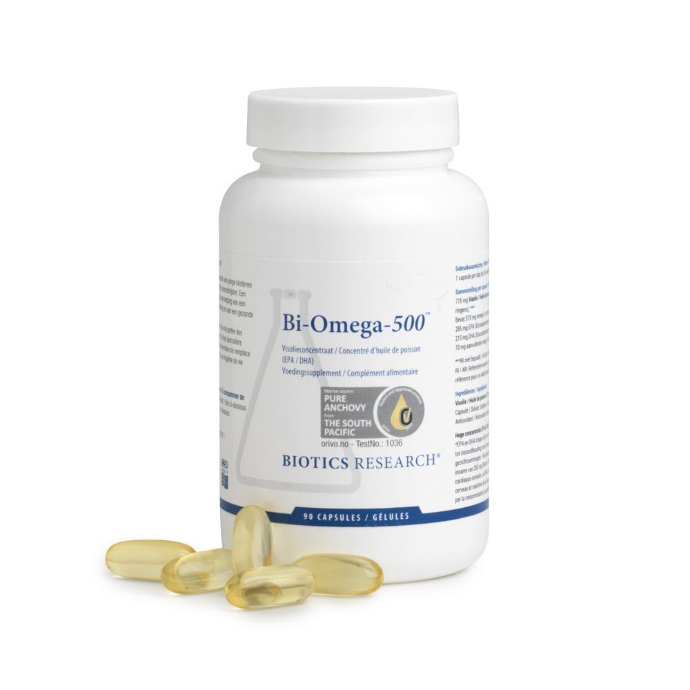 Witte fles met capsules. Opschrift: Bi-Omega-500, Biotics Research. Enkele capsules ernaast.