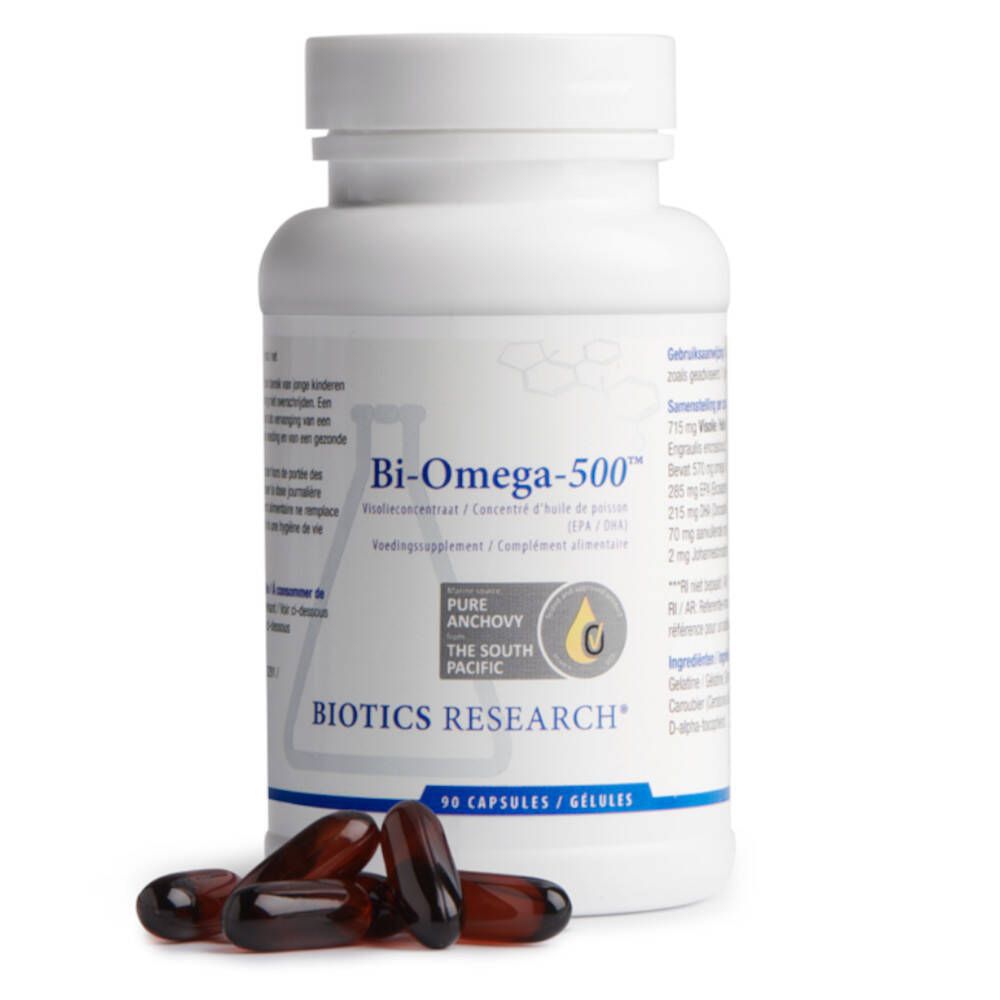Weiße Flasche mit Kapseln. Aufschrift: Bi-Omega-500, Biotics Research. Einige Kapseln liegen daneben.