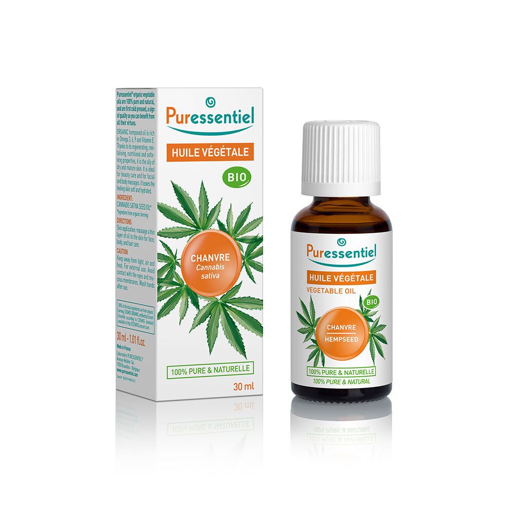 Bruine glazen fles en doos met productinformatie. Opschrift: Huile Végétale BIO, Chanvre Cannabis sativa.