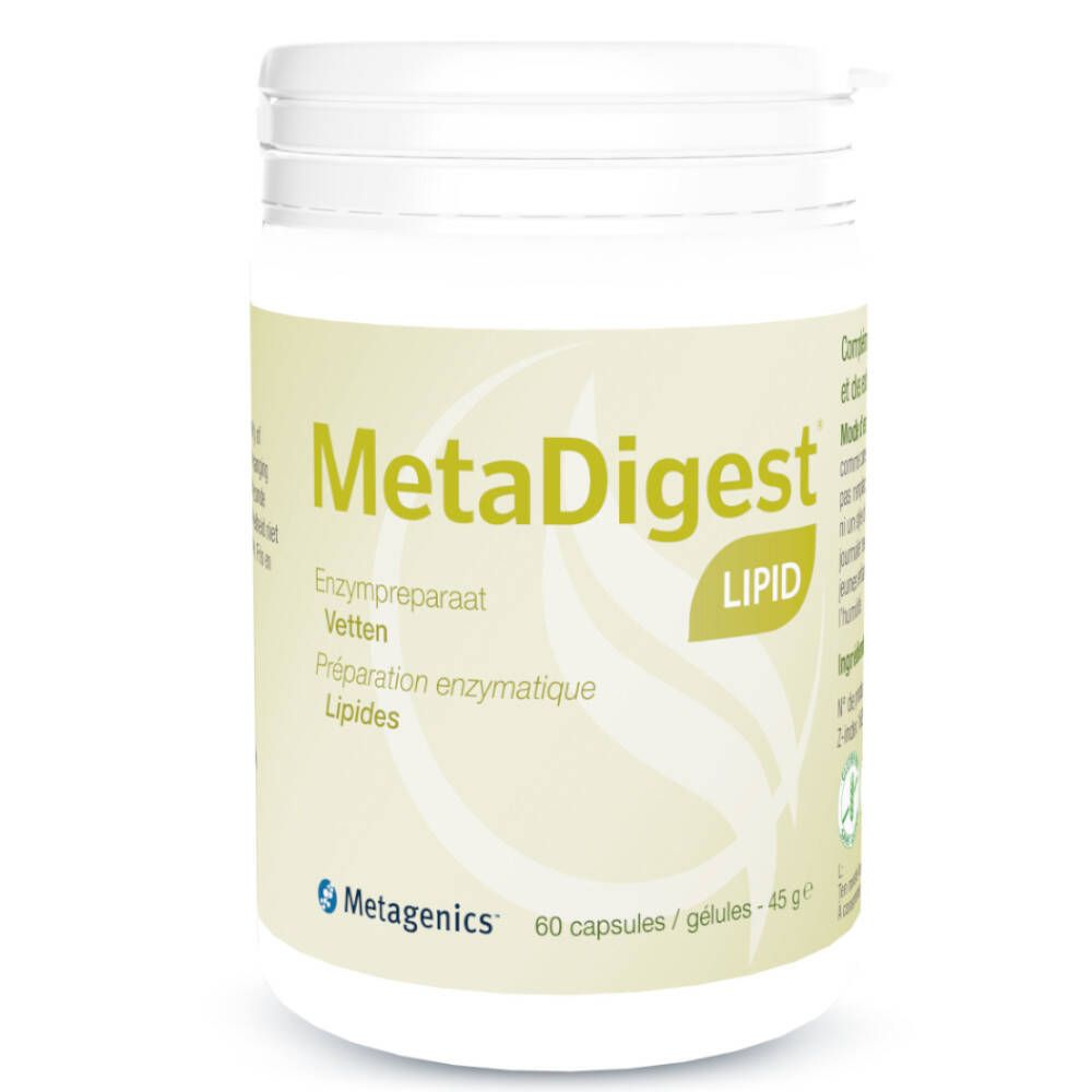 Witte pot MetaDigest Lipid. Opschrift: 60 capsules, 45 g. Metagenics logo.