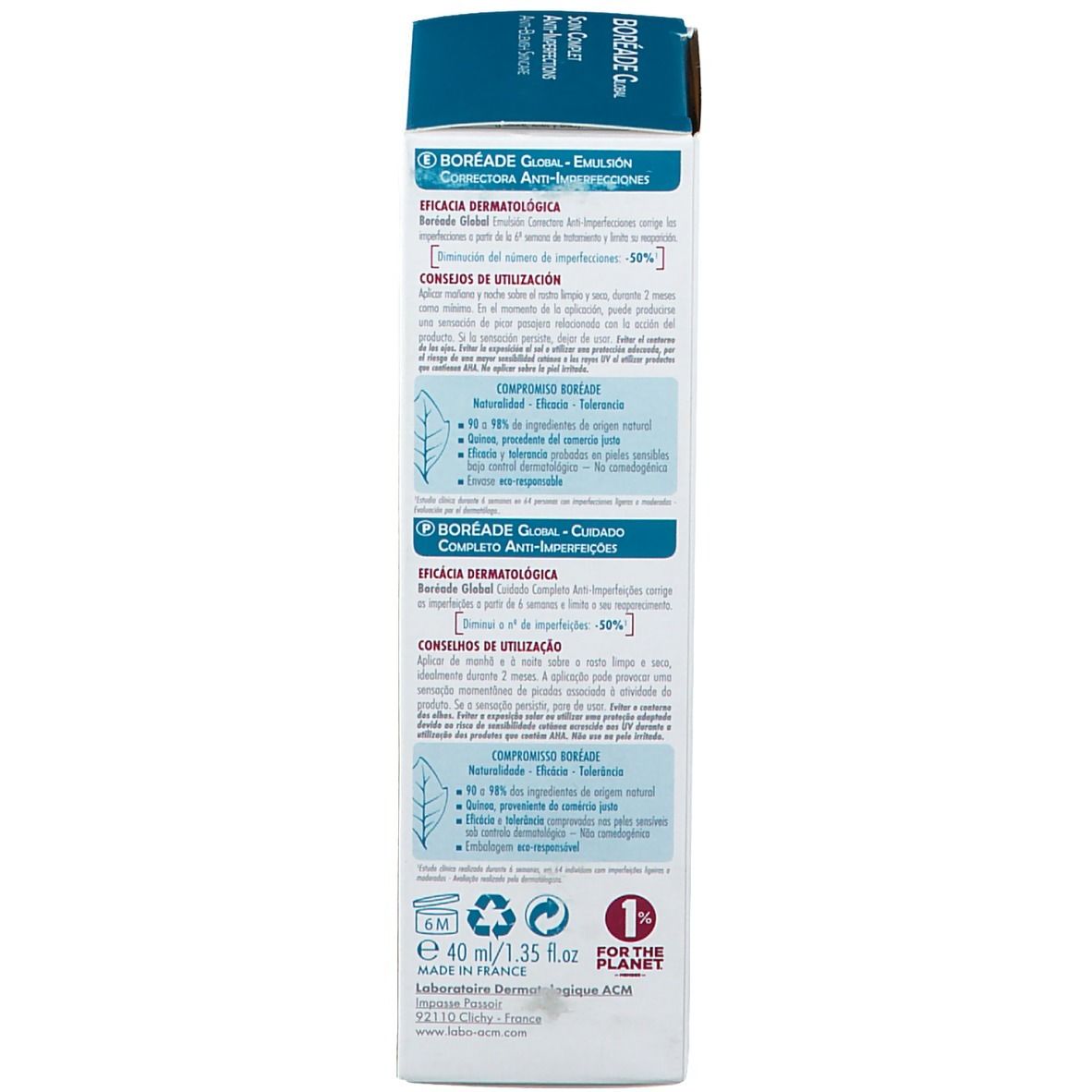 Rückseite der Schachtel. Text in mehreren Sprachen. Informationen zur Anwendung und Inhaltsstoffen. 40 ml.