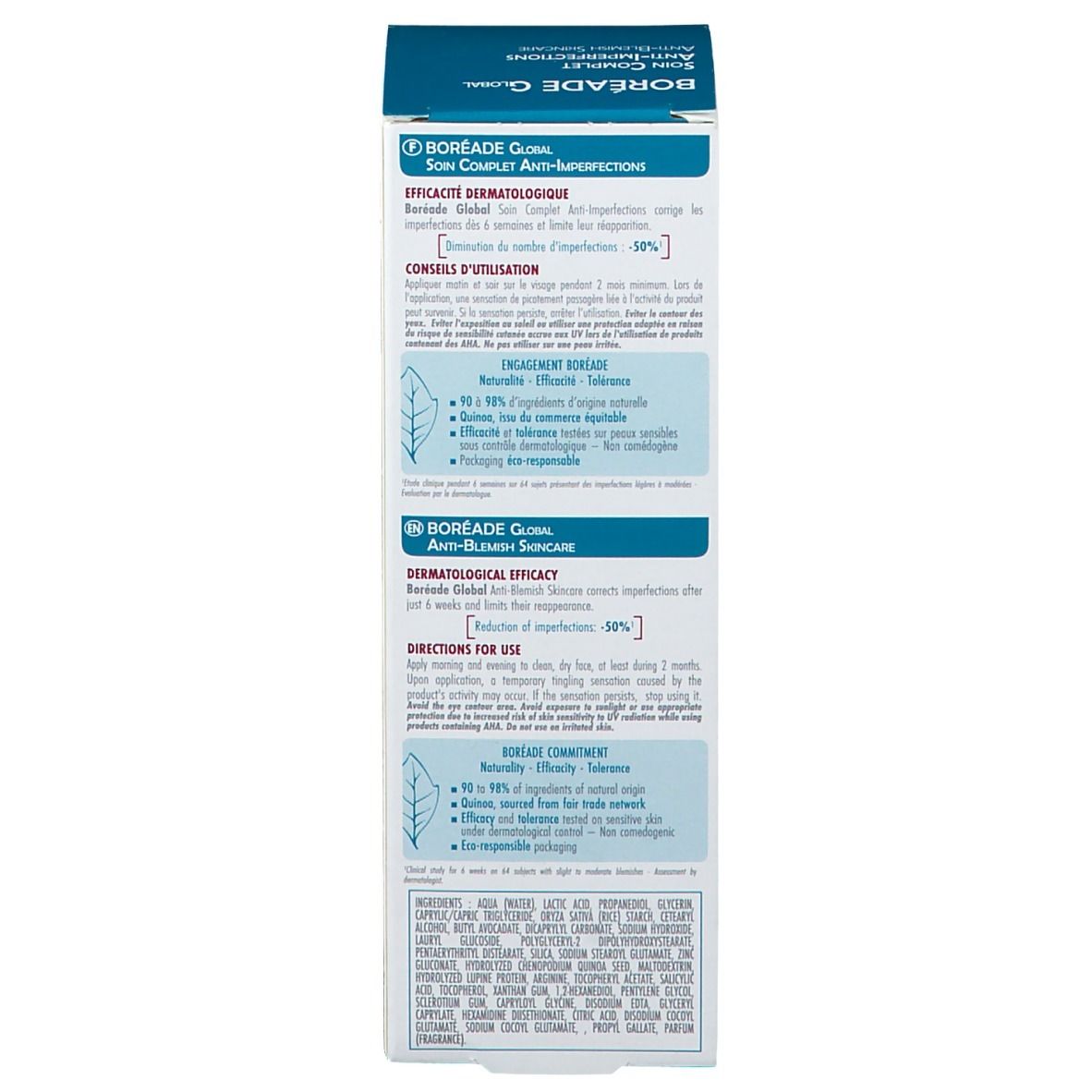 Rückseite der Schachtel. Informationen zur dermatologischen Wirksamkeit und Anwendung. Inhaltsstoffe und Herkunft.