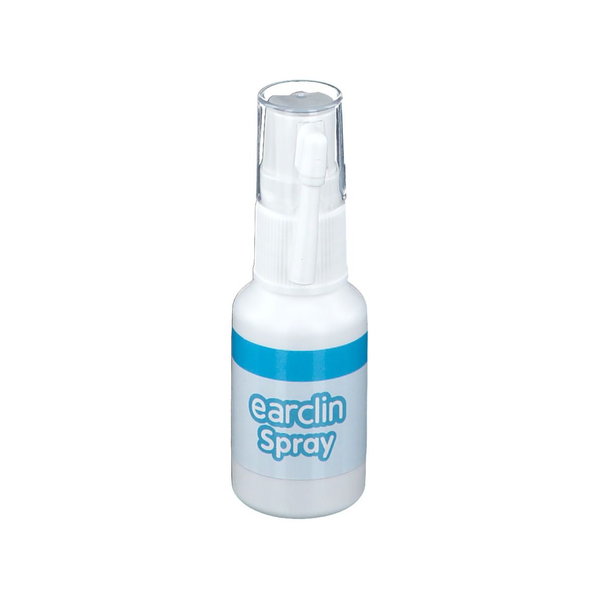 Witte sprayfles met blauwe band en "earclin Spray"-opdruk. Transparante dop. Spraykop.