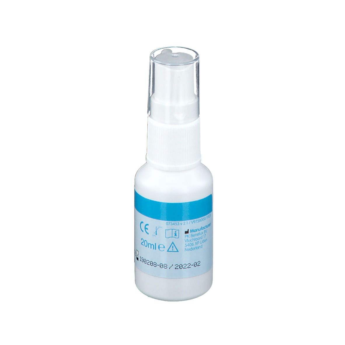 Witte sprayfles met blauwe markering. Achterkant met tekst en CE-markering. Transparante dop.