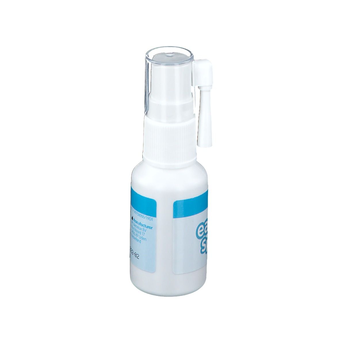 Witte sprayfles met blauwe band. Transparante dop. Spraykop. Achterkant met tekst.