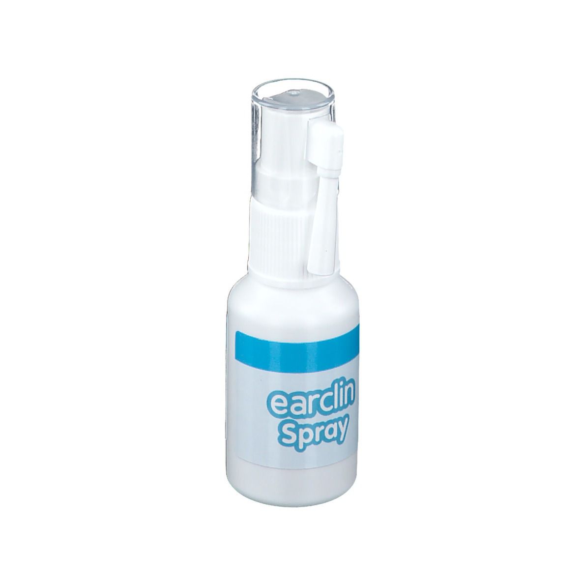 Witte sprayfles met blauwe band en "earclin Spray"-opdruk. Transparante dop. Spraykop.