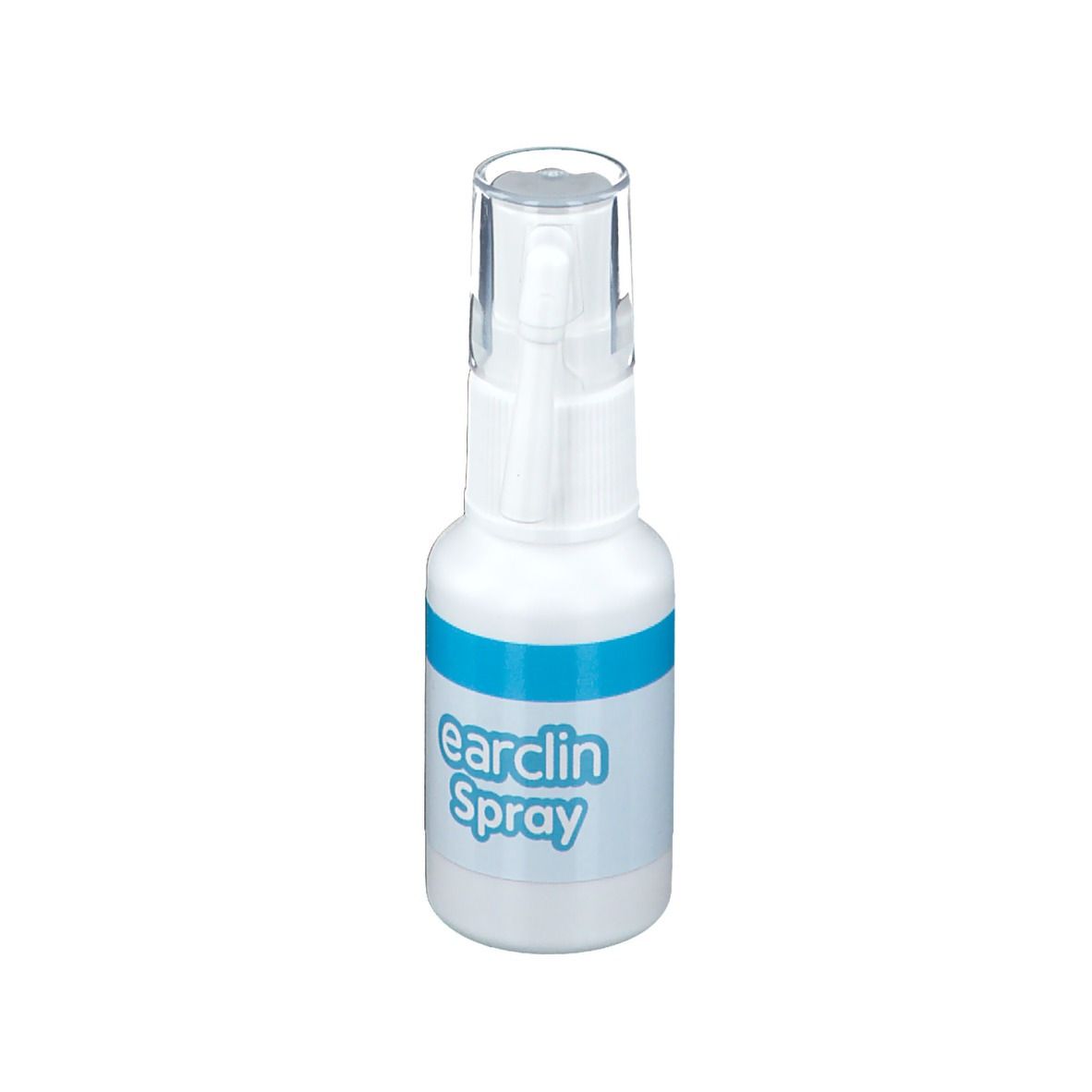 Witte sprayfles met blauwe band en "earclin Spray"-opdruk. Transparante dop. Spraykop.