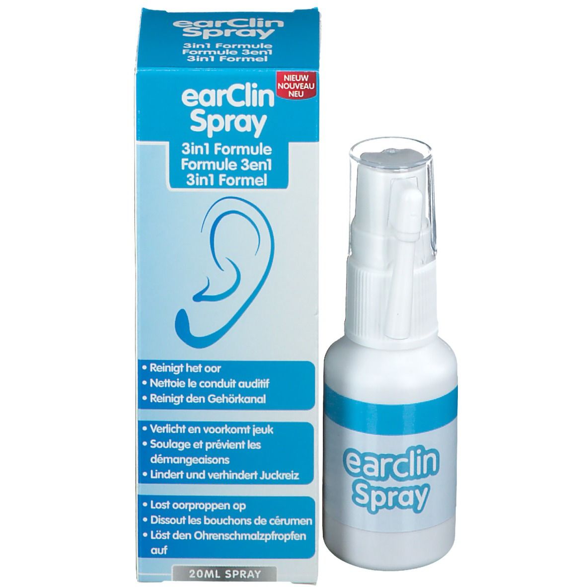 Productverpakking en sprayfles. Verpakking met tekst en oorillustratie. Fles: wit, blauw, transparant.