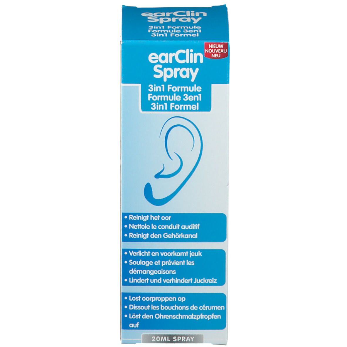 Productverpakking met tekst, oorillustratie en "NIEUW"-label. Blauw-wit. 20ml Spray.