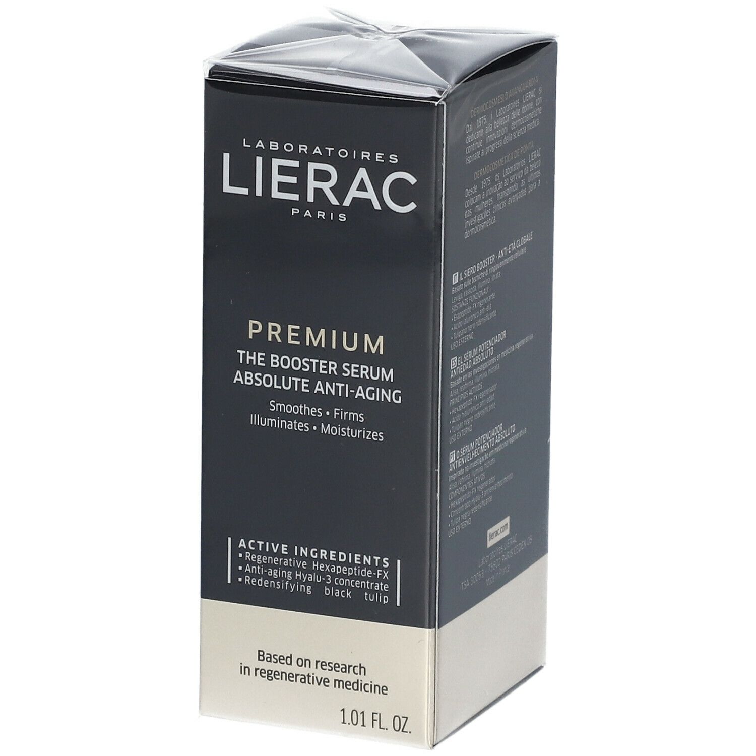 Emballage noir avec informations produit. Inscription: LIERAC PREMIUM The Booster Serum Absolute Anti-Aging. Ingrédients.