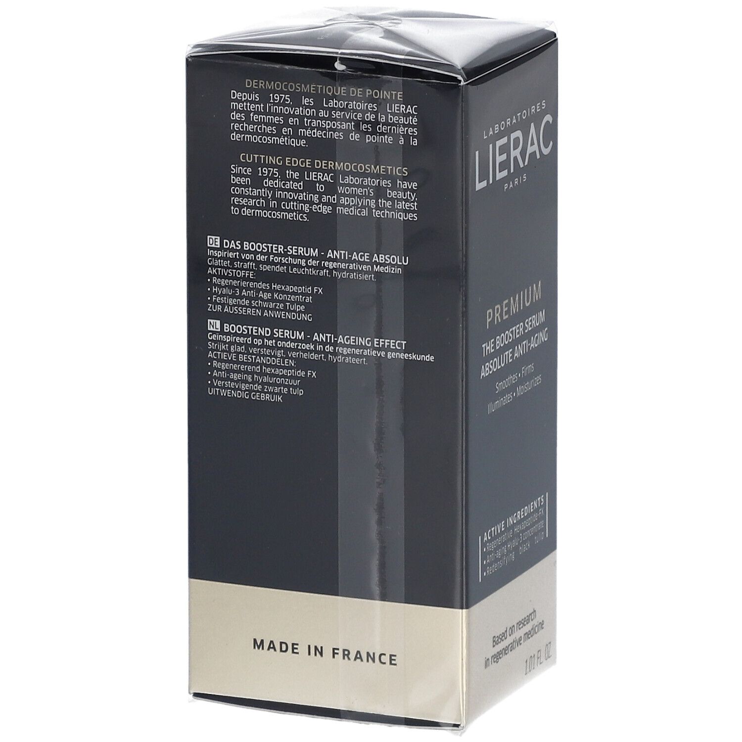 Emballage noir avec texte. Inscription: LIERAC PREMIUM The Booster Serum Anti-Âge Absolu. Fabriqué en France. Ingrédients.