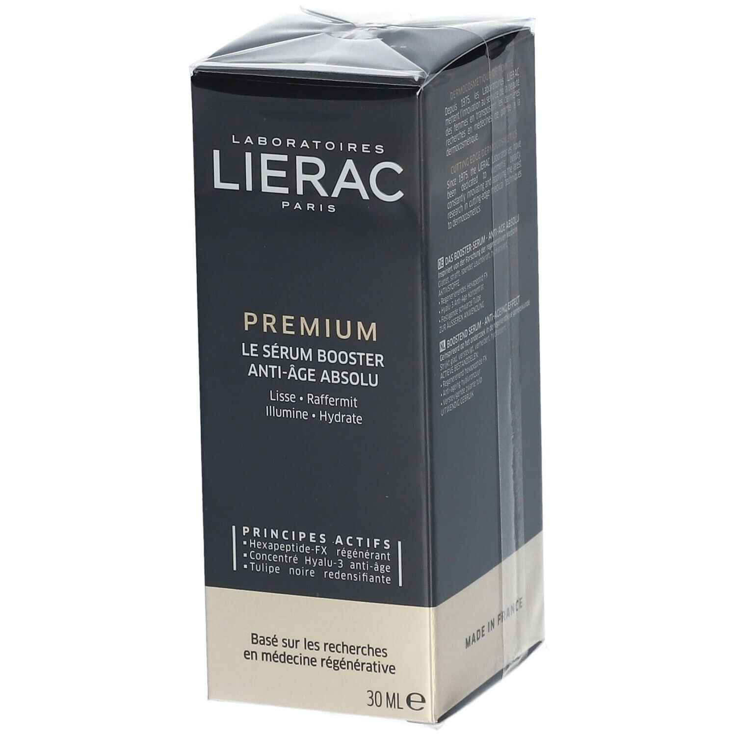 Emballage noir avec informations produit. Inscription: LIERAC PREMIUM Le Sérum Booster Anti-Âge Absolu. 30 ml.