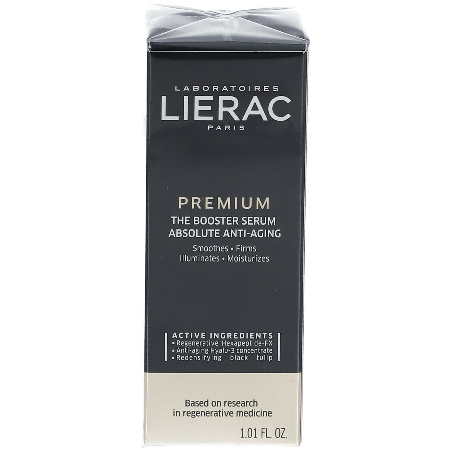 Emballage noir avec informations produit. Inscription: LIERAC PREMIUM The Booster Serum Absolute Anti-Aging. 1.01 FL OZ.