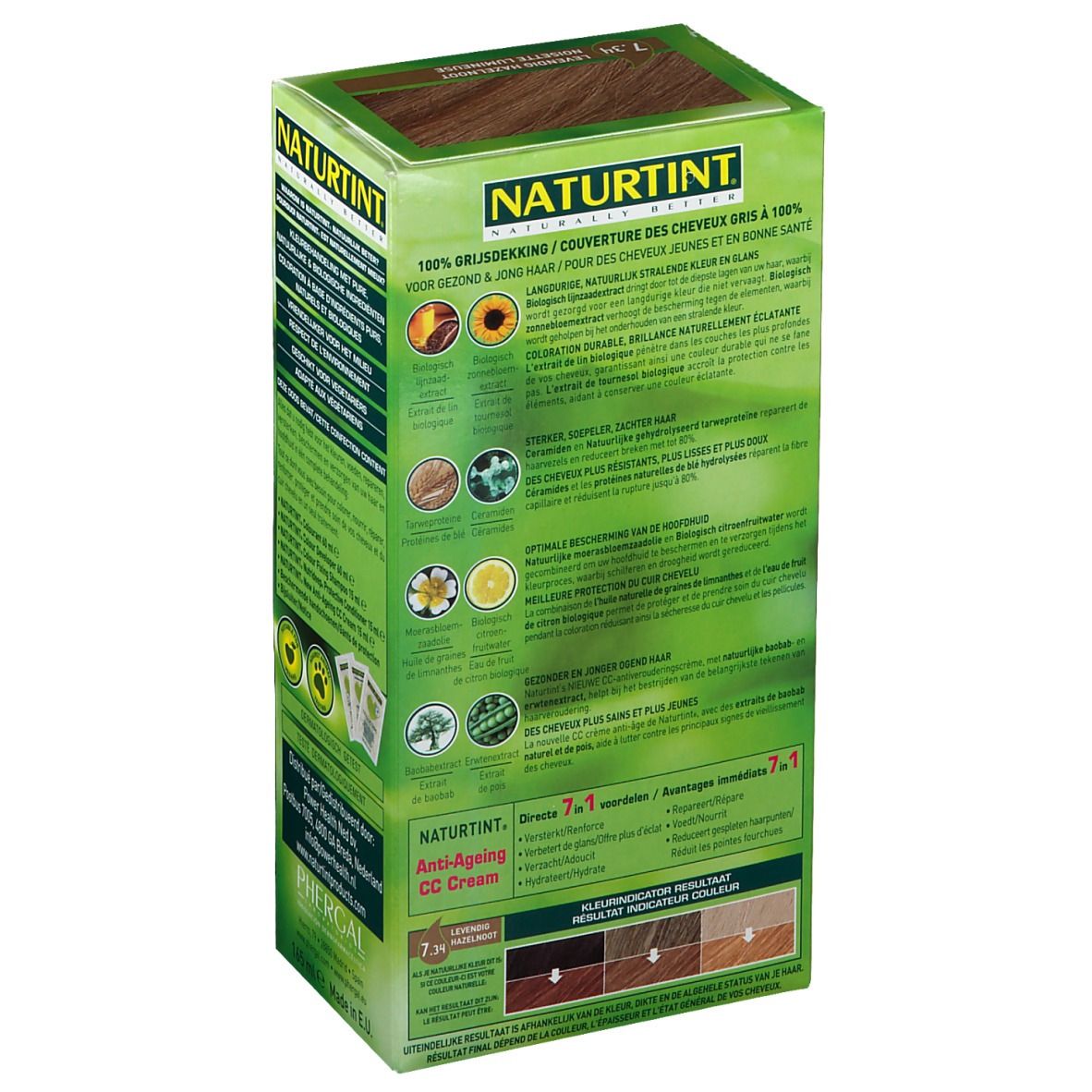 Rückseite der Haarfarbenbox. Text über Inhaltsstoffe und Anwendung. Grüne Verpackung.