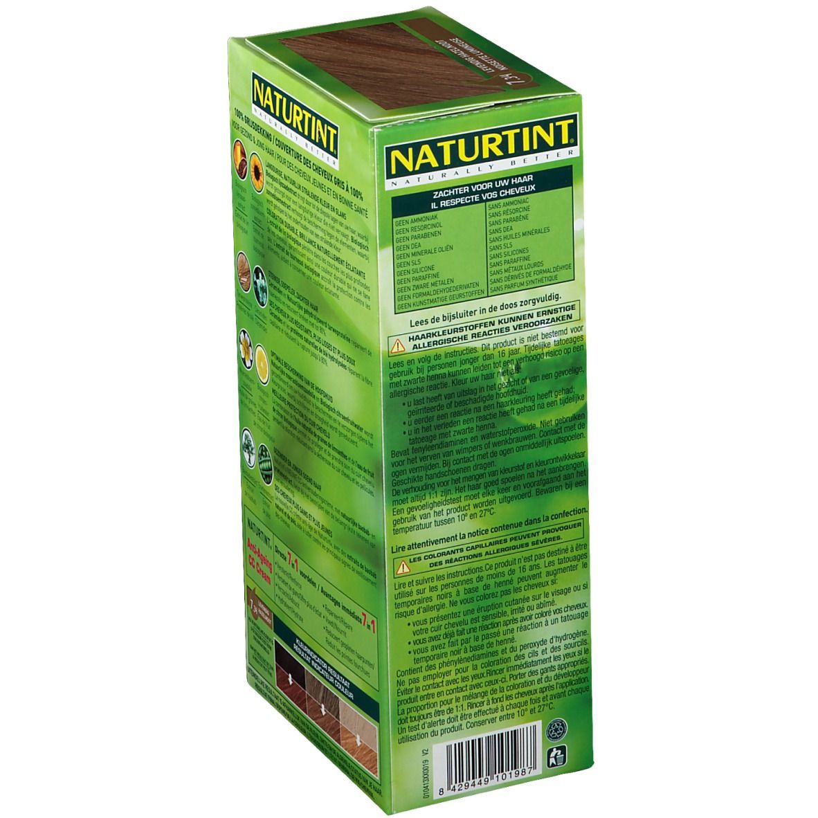 Haarfarbenbox. Naturtint 7.34. Frau mit rotbraunem Haar. Grüne Verpackung mit Produktinformationen.
