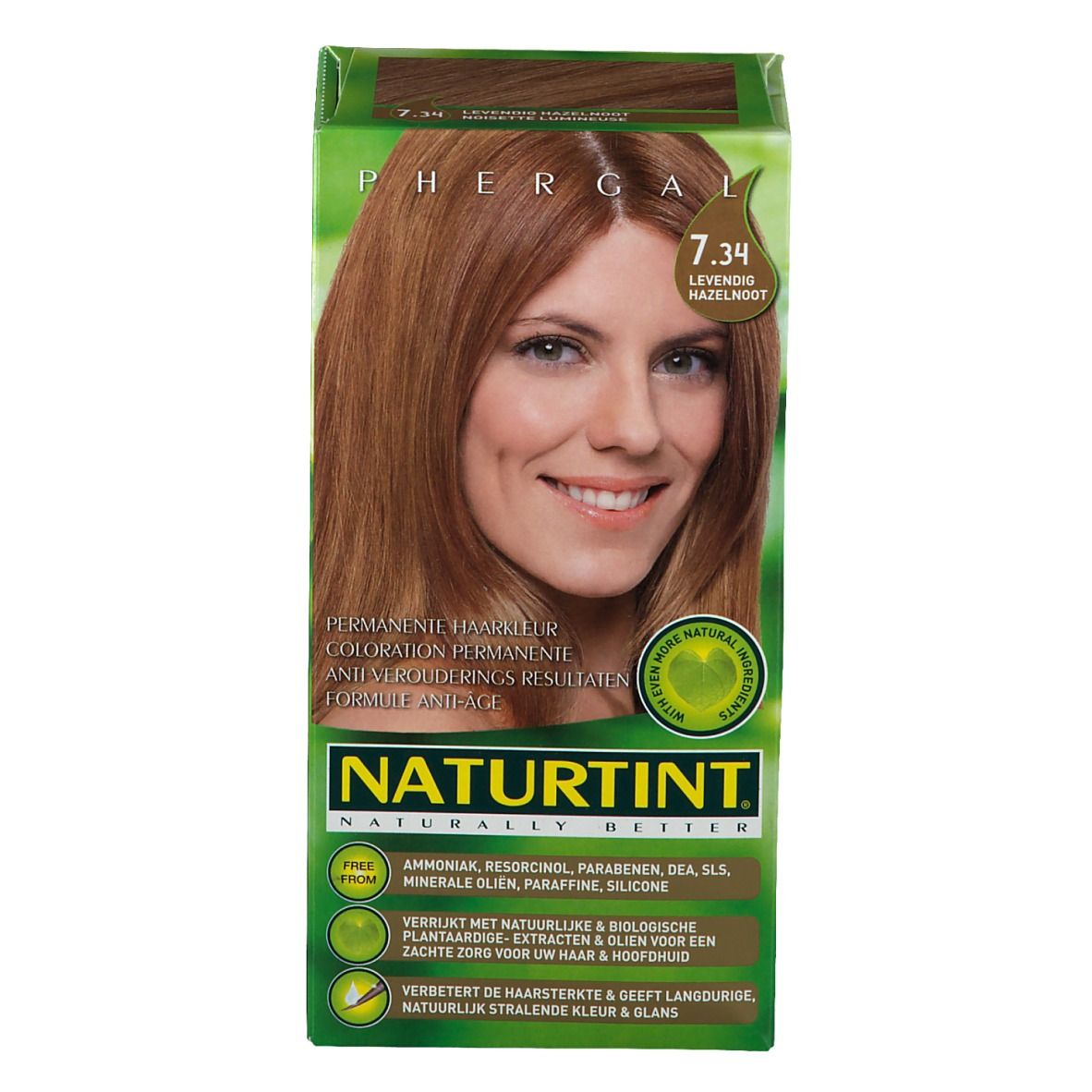Haarfarbenbox. Naturtint 7.34. Frau mit rotbraunem Haar. Grüne Verpackung mit Produktinformationen.