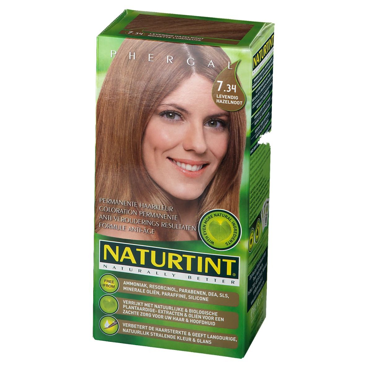 Haarfarbenbox. Naturtint 7.34. Frau mit rotbraunem Haar. Grüne Verpackung mit Produktinformationen.