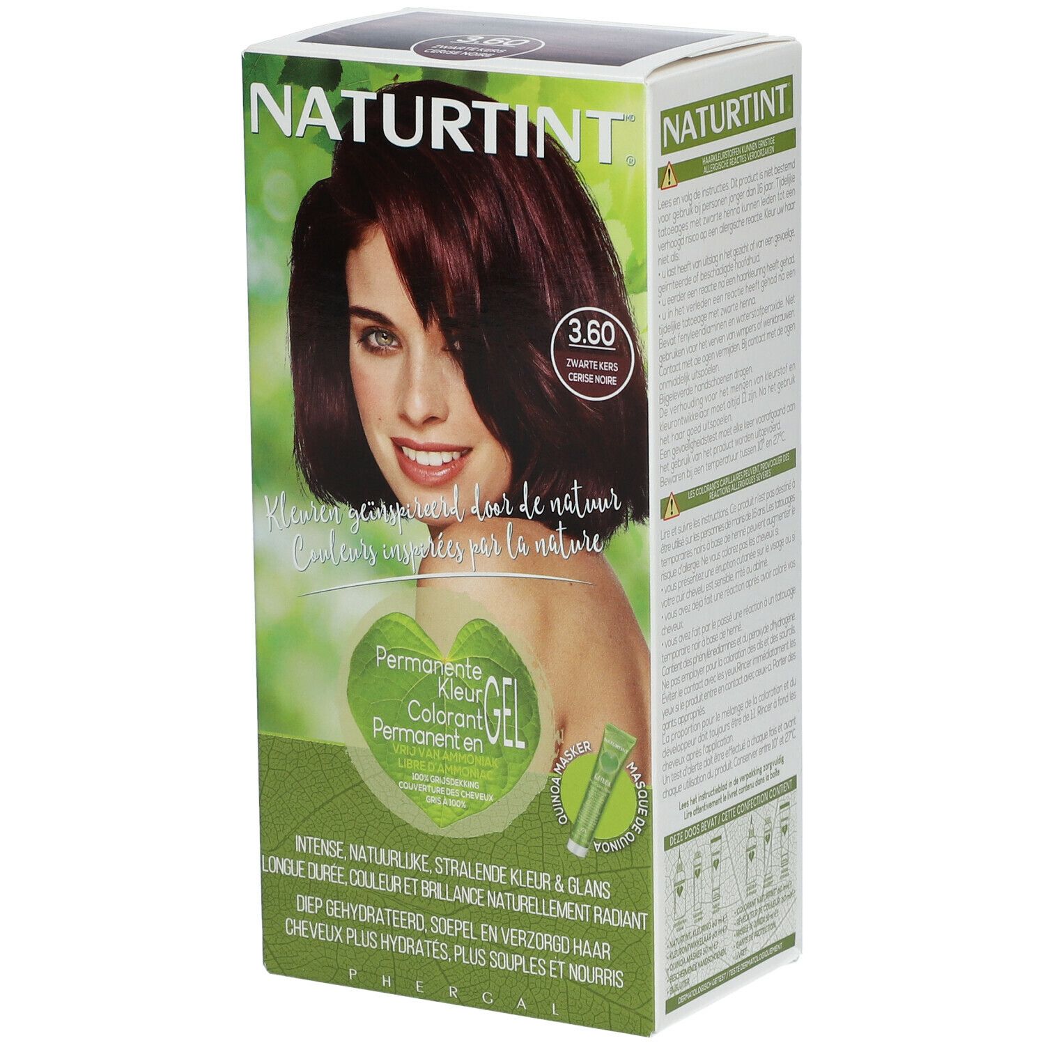 Boîte de coloration capillaire avec femme aux cheveux rouge foncé. Inscription : Naturtint, 3.60, Permanente Kleur Gel.
