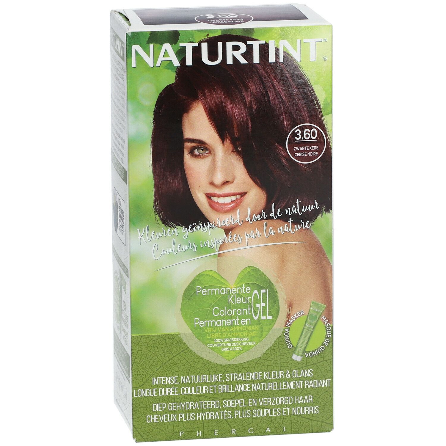 Boîte de coloration capillaire avec femme aux cheveux rouge foncé. Inscription : Naturtint, 3.60, Permanente Kleur Gel.