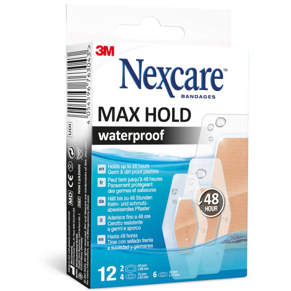 Nexcare Max Hold wasserfeste Pflasterpackung. Enthält 12 Pflaster. Verpackung mit Barcode.