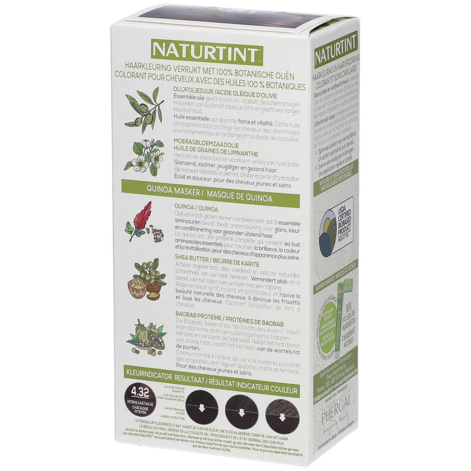 Dos de la boîte de coloration NATURTINT®. Texte, images de produits et indicateur de couleur. Palette de couleurs vert et marron.