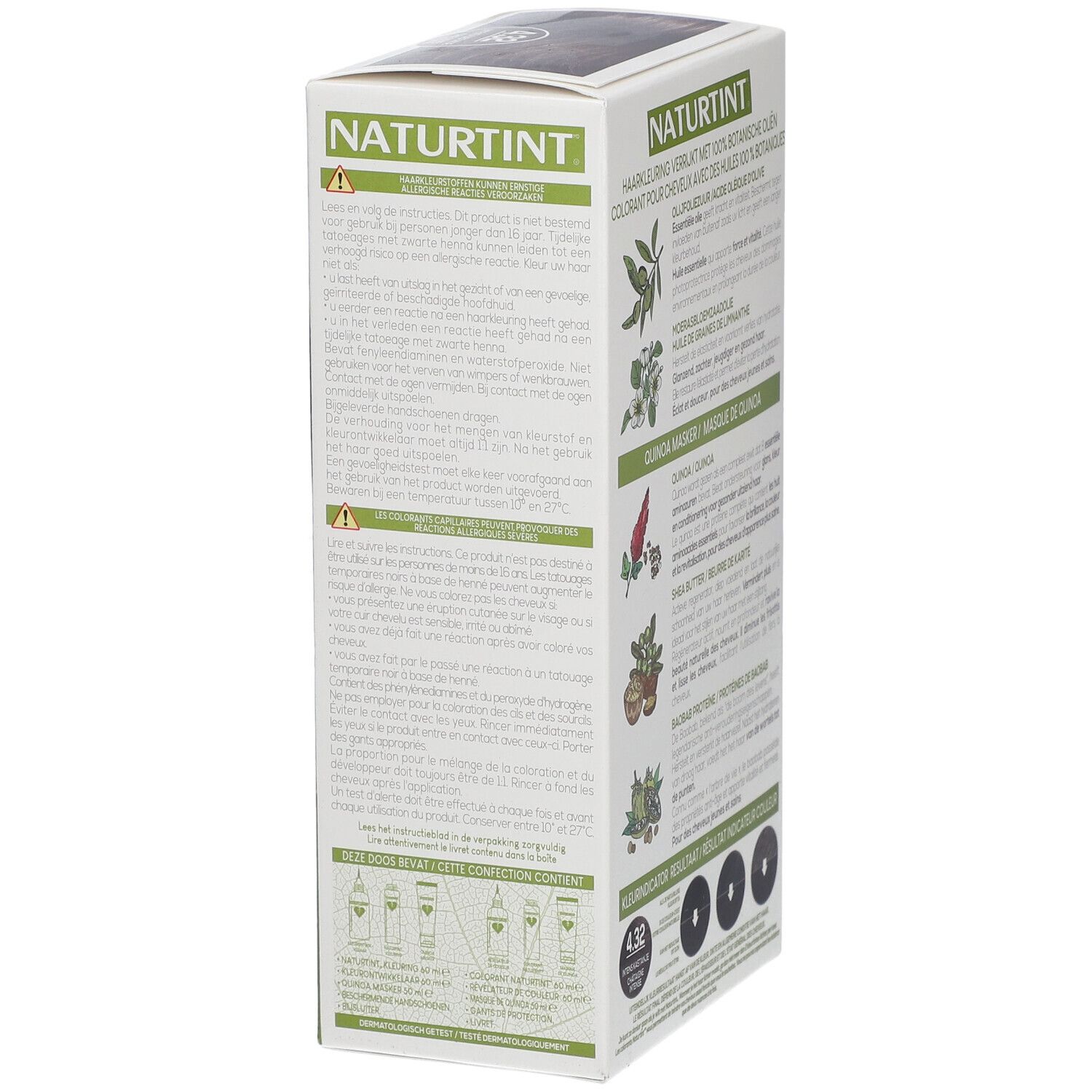 Côté de la boîte de coloration NATURTINT®. Texte, images de produits et femme. Palette de couleurs vert et marron.