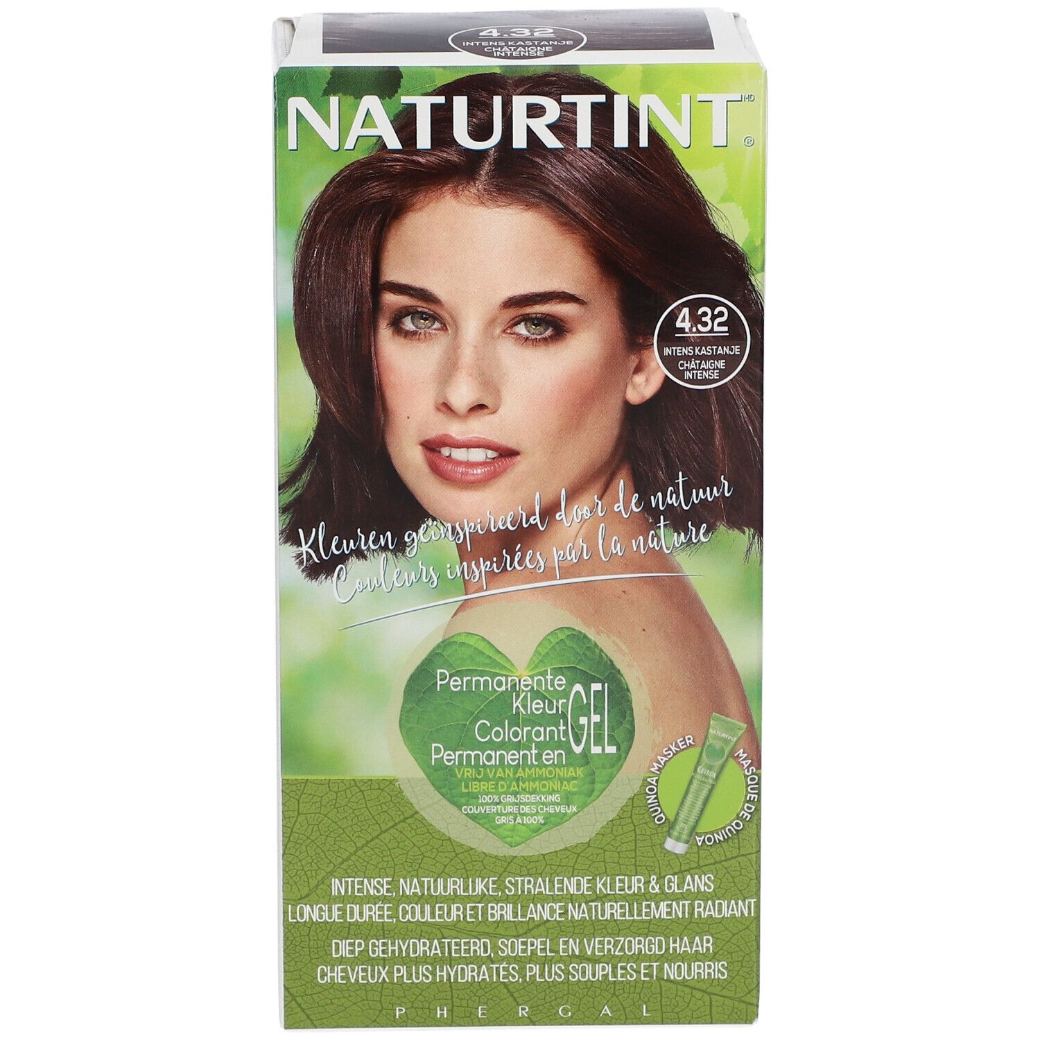 NATURTINT® 4.32 Châtain Intense. Boîte avec femme, image produit et texte. Palette de couleurs vert et marron.