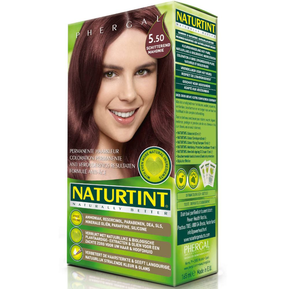 Verpakking van NATURTINT® 5.50 Mahonie glanzend. Opschrift: NATURTINT, PHERGAL, 5.50, Permanente kleuring. Vrouw met mahonie haar.