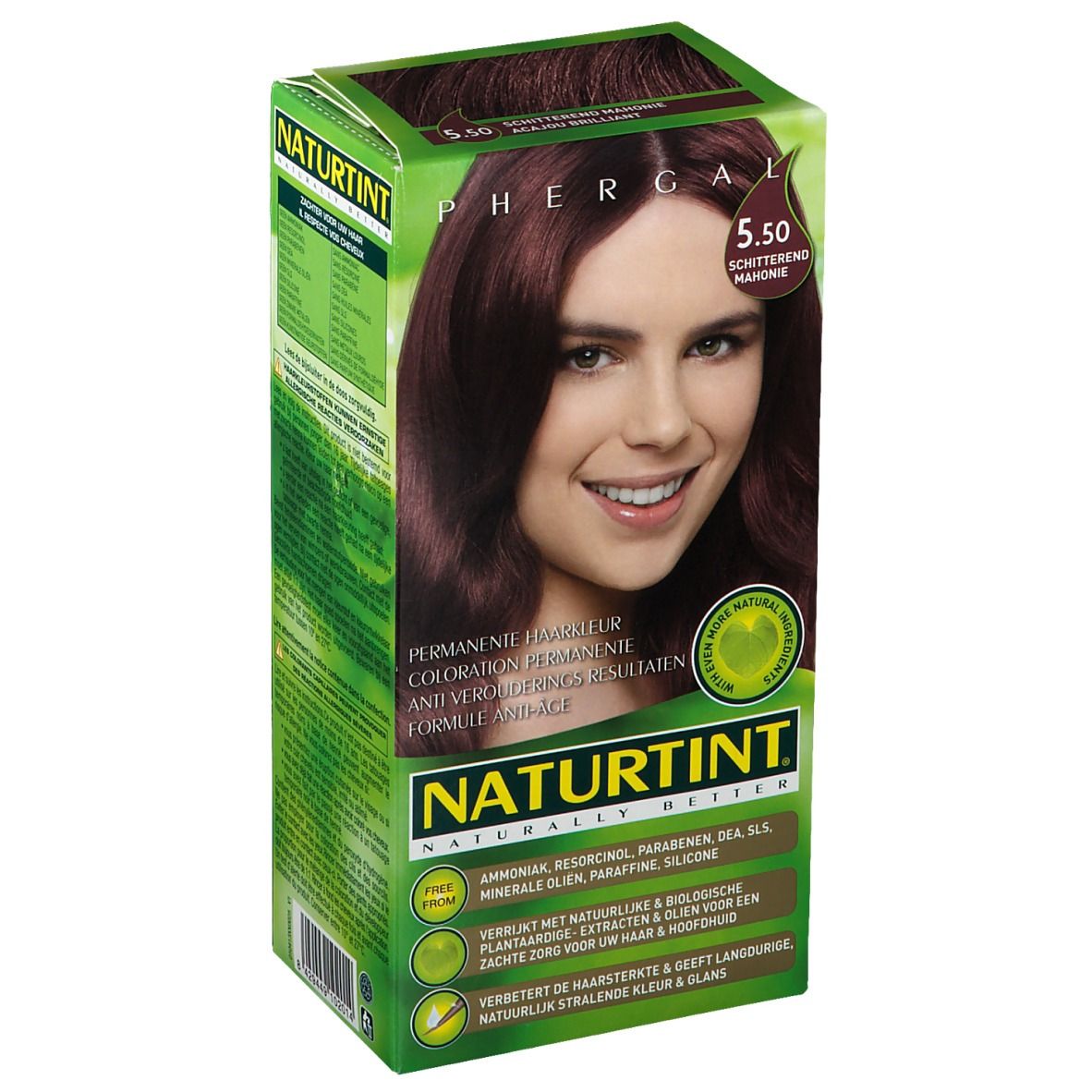 Verpakking van NATURTINT® 5.50 Mahonie glanzend. Opschrift: NATURTINT, PHERGAL, 5.50, Permanente kleuring. Vrouw met mahonie haar.