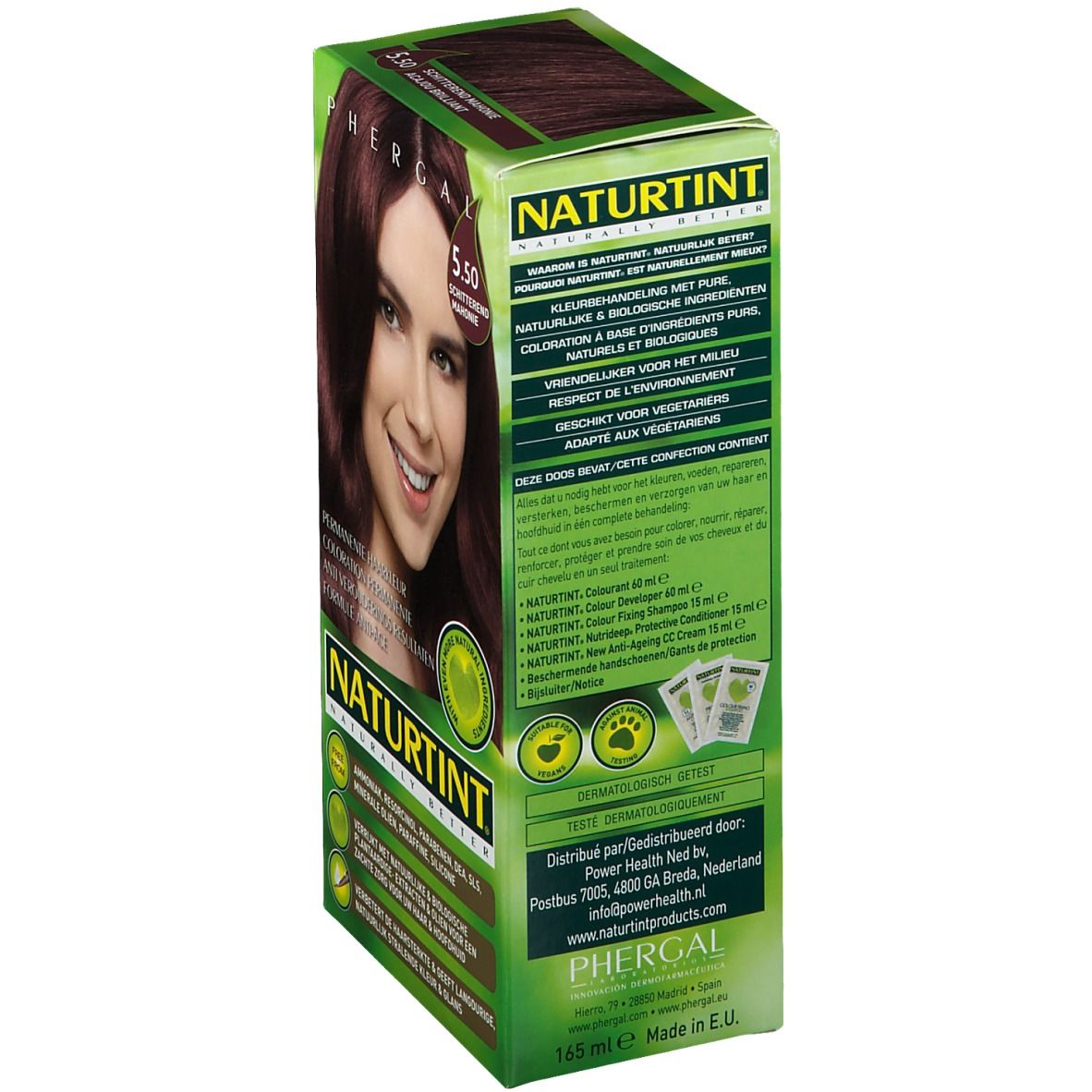 Verpakking van NATURTINT® 5.50 Mahonie glanzend. Opschrift: NATURTINT, PHERGAL, 5.50, Permanente kleuring. Achterkant met tekst.