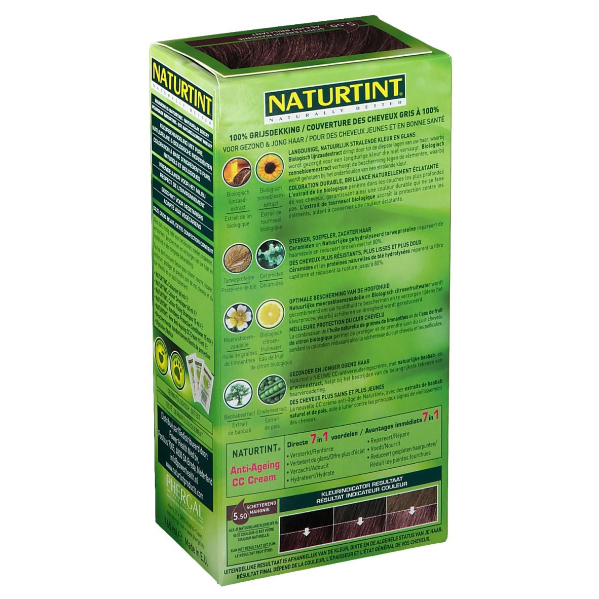 Verpakking van NATURTINT® 5.50 Mahonie glanzend. Opschrift: NATURTINT, PHERGAL, 5.50, Permanente kleuring. Achterkant met tekst.