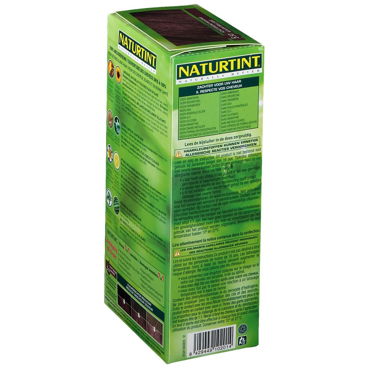 Verpakking van NATURTINT® 5.50 Mahonie glanzend. Opschrift: NATURTINT, PHERGAL, 5.50, Permanente kleuring. Achterkant met tekst.