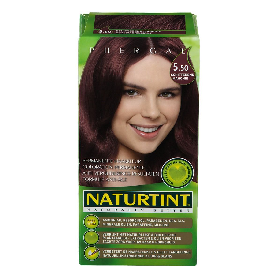Verpakking van NATURTINT® 5.50 Mahonie glanzend. Opschrift: NATURTINT, PHERGAL, 5.50, Permanente kleuring. Vrouw met mahonie haar.