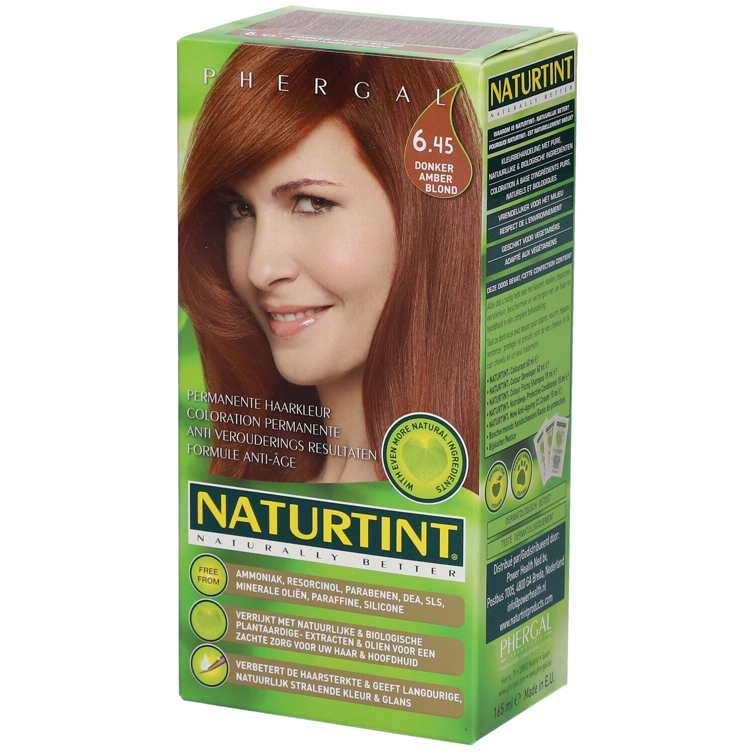 Produktverpackung von NATURTINT® 6.45 Dunkelbernstein-Blond. Frau mit braunem Haar. Grüne und braune Box mit Produktinformationen.
