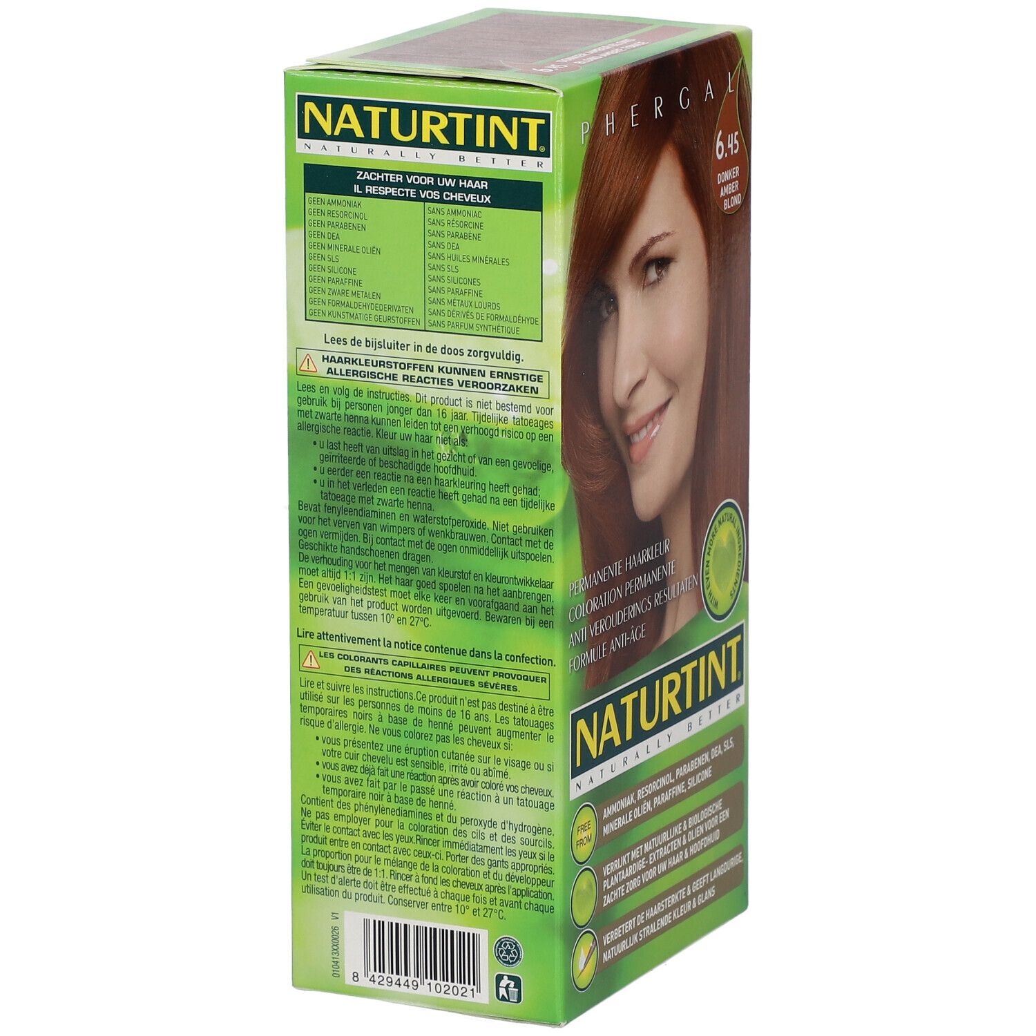 Rückseite der Produktverpackung von NATURTINT® 6.45. Text in mehreren Sprachen. Grüne Box mit Produktinformationen.