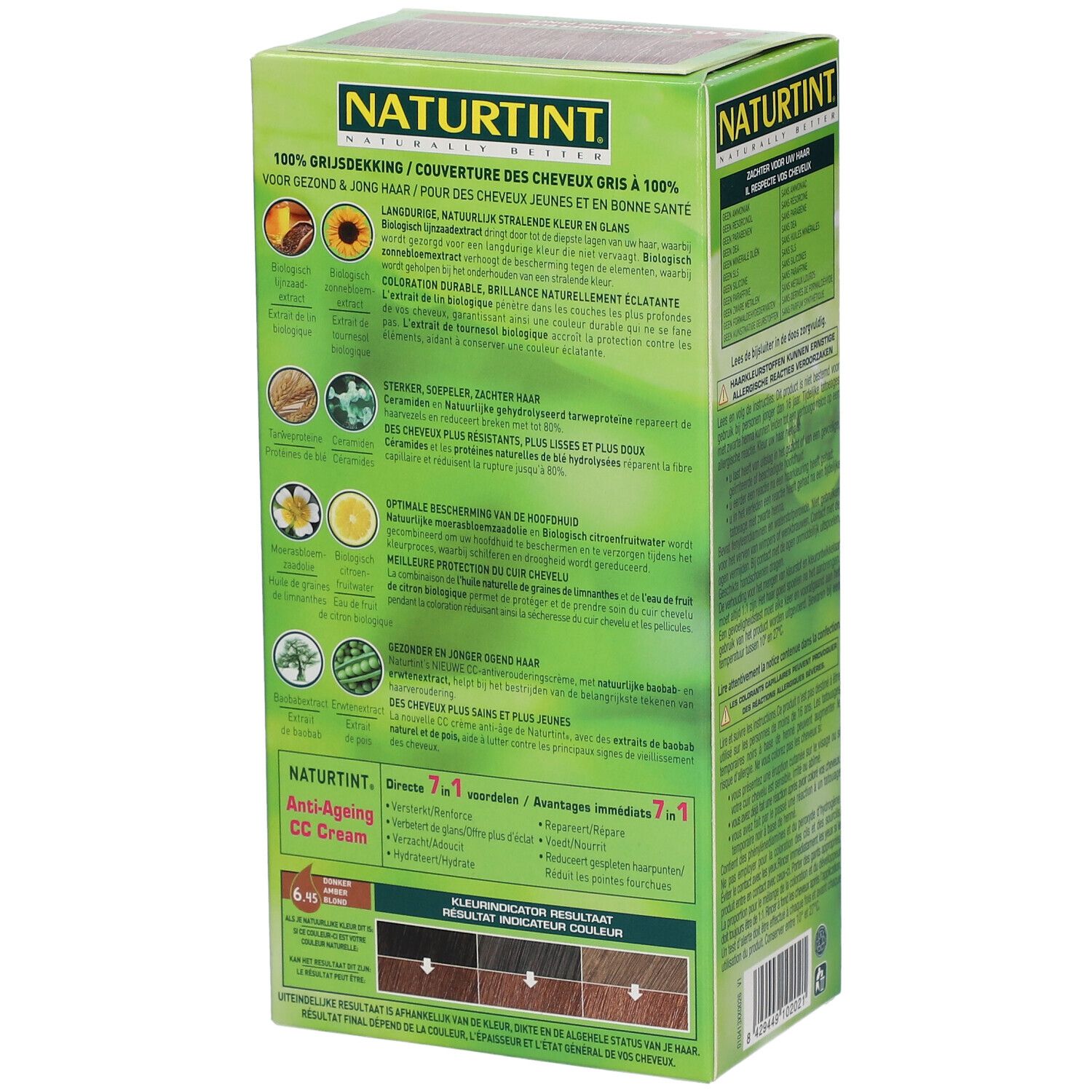 Rückseite der Produktverpackung von NATURTINT® 6.45. Text in mehreren Sprachen. Grüne Box mit Produktinformationen.