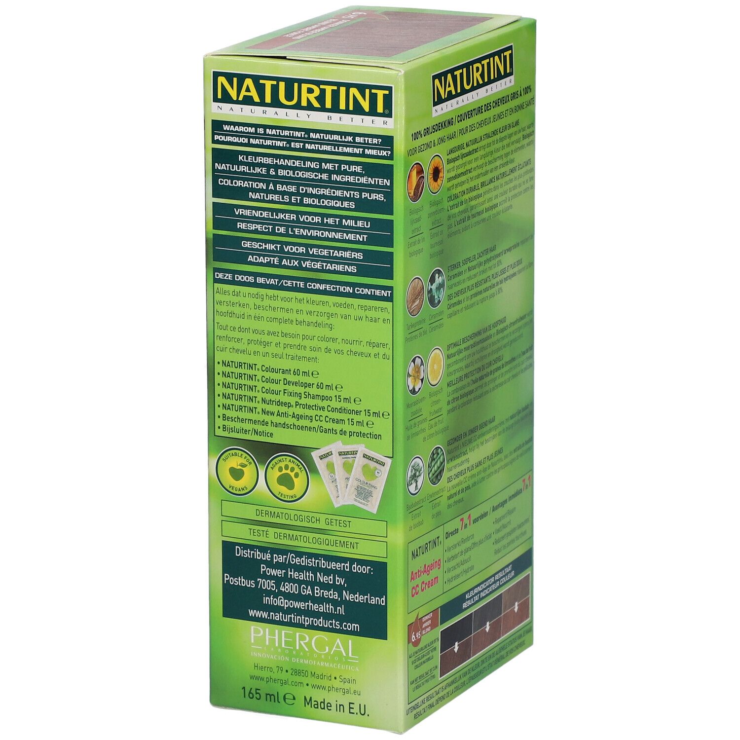 Rückseite der Produktverpackung von NATURTINT® 6.45. Text in mehreren Sprachen. Grüne Box mit Produktinformationen.