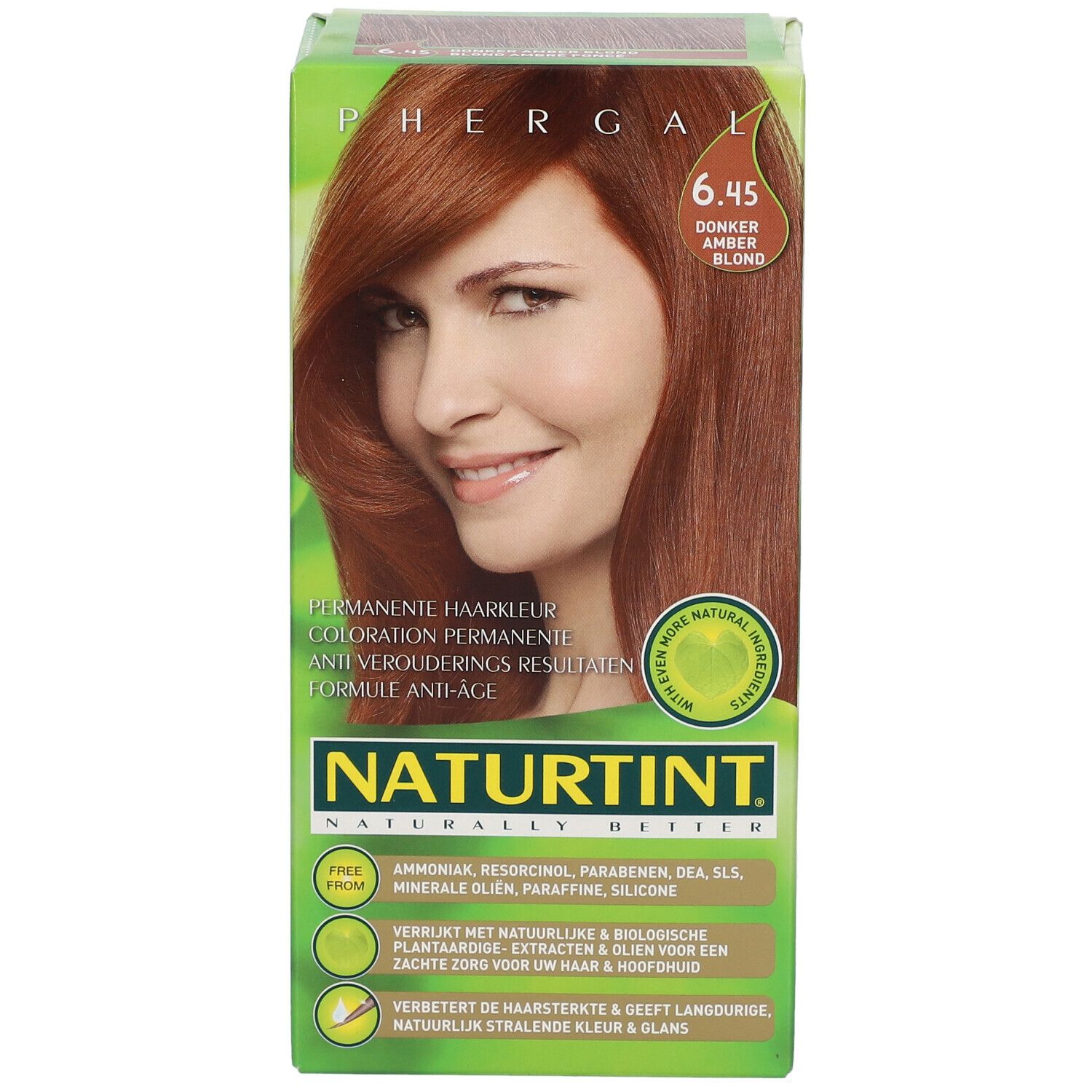 Produktverpackung von NATURTINT® 6.45 Dunkelbernstein-Blond. Frau mit braunem Haar. Grüne und braune Box mit Produktinformationen.