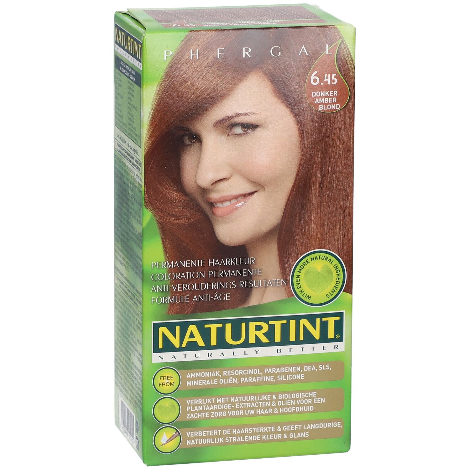 Produktverpackung von NATURTINT® 6.45 Dunkelbernstein-Blond. Frau mit braunem Haar. Grüne und braune Box mit Produktinformationen.