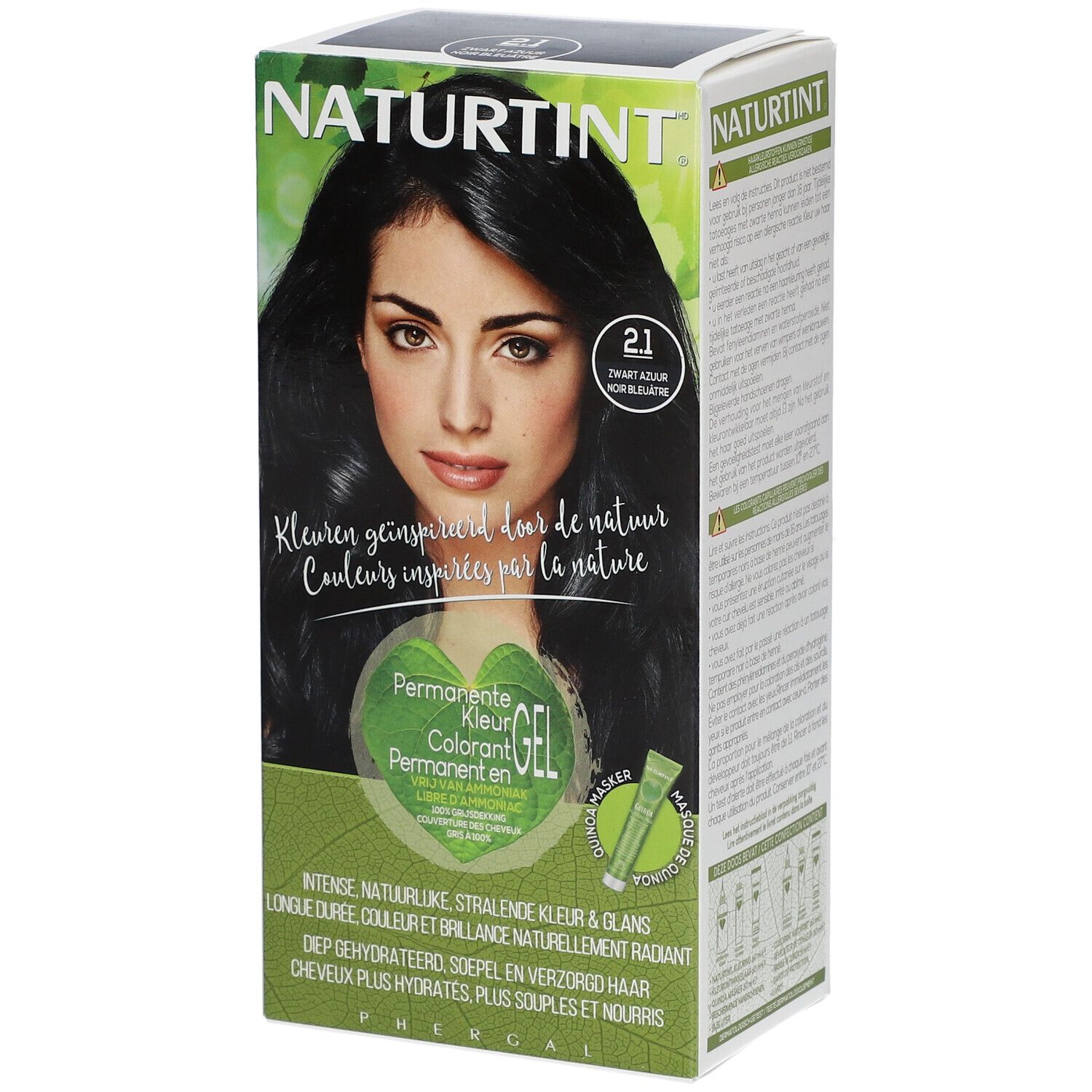 Haarverfverpakking NATURTINT® Azuurzwart 2.1. Vrouw met gekleurd haar. Productafbeelding en tekst. Gel-formule.
