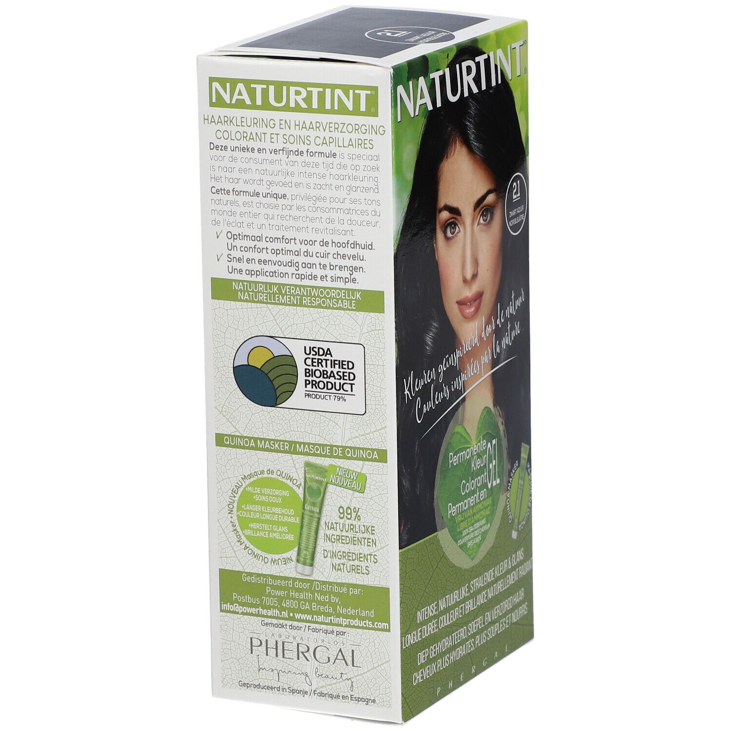 Verpakking NATURTINT® Azuurzwart 2.1. Vrouw met gekleurd haar. Tekst en productafbeelding. USDA-certificering.