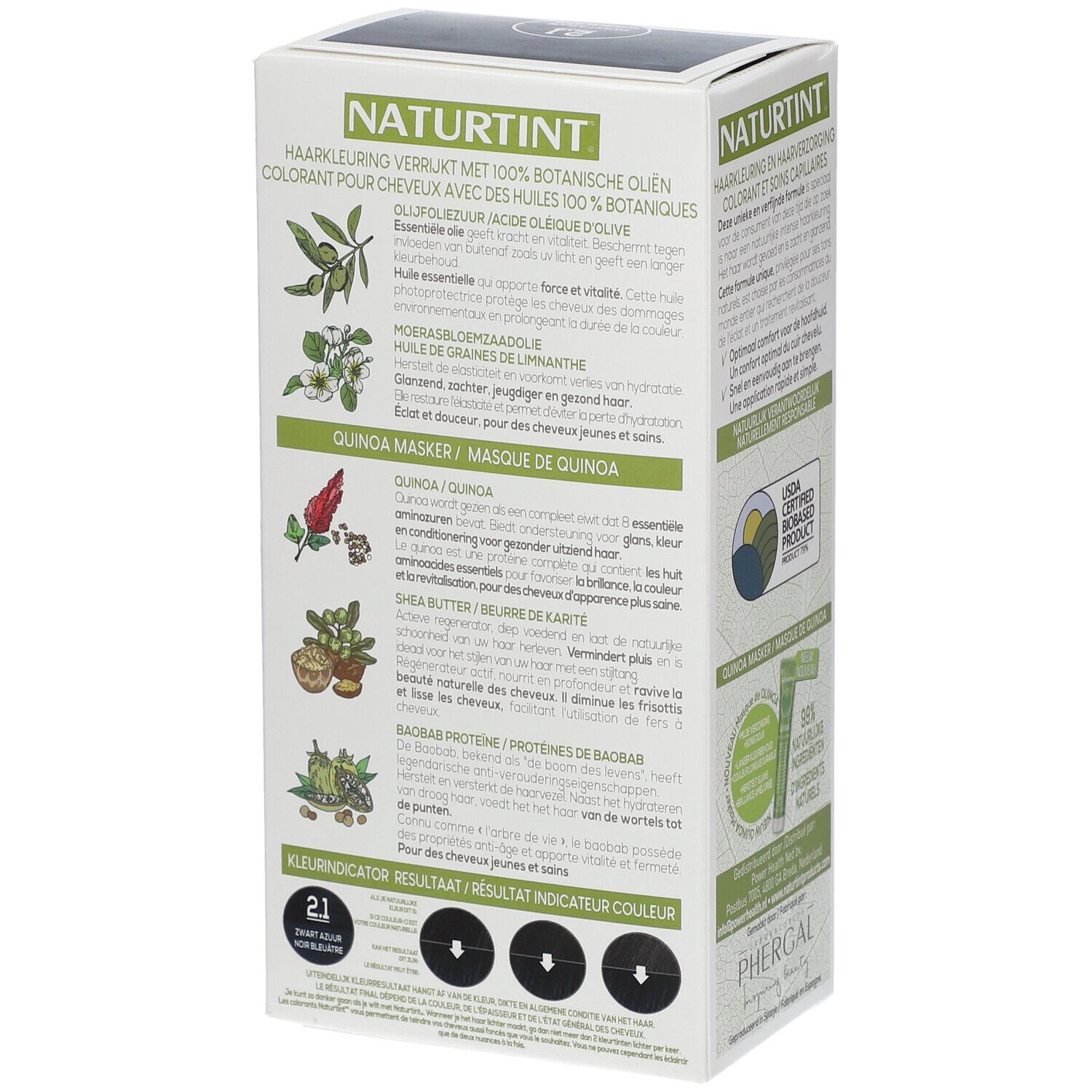 Achterkant van de haarverfverpakking NATURTINT® Azuurzwart 2.1. Tekst over ingrediënten en gebruik. USDA-certificering.