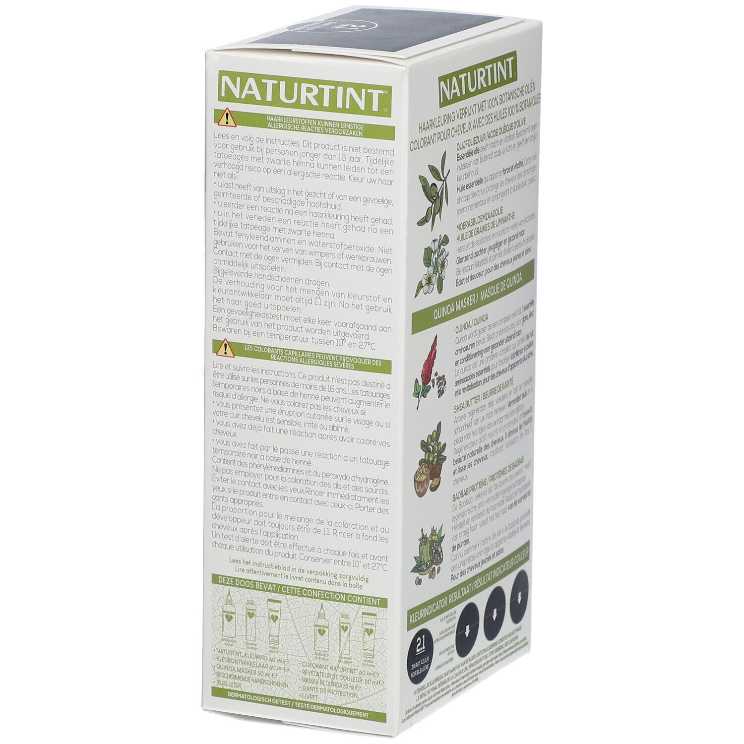 Achterkant van de haarverfverpakking NATURTINT® Azuurzwart 2.1. Tekst over ingrediënten en gebruik. USDA-certificering.