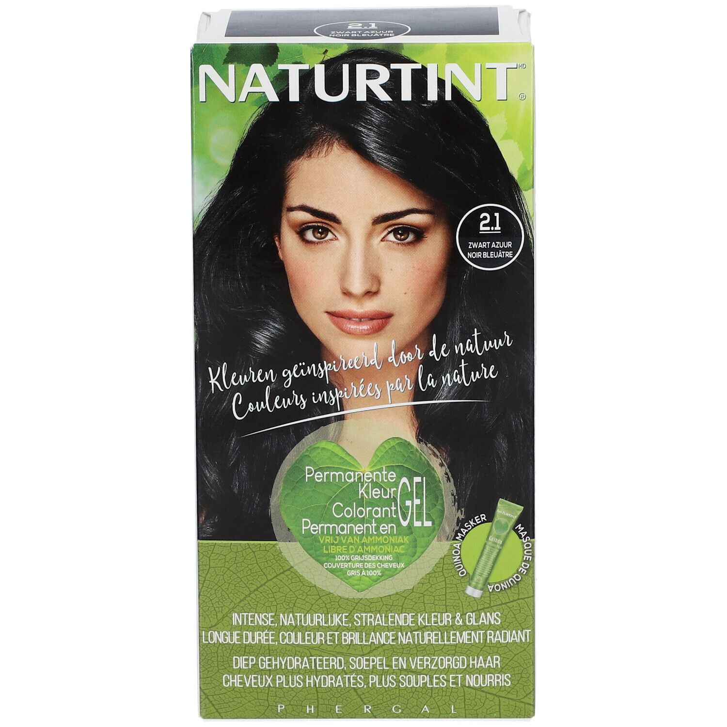 Haarverfverpakking NATURTINT® Azuurzwart 2.1. Vrouw met gekleurd haar. Productafbeelding en tekst. Gel-formule.