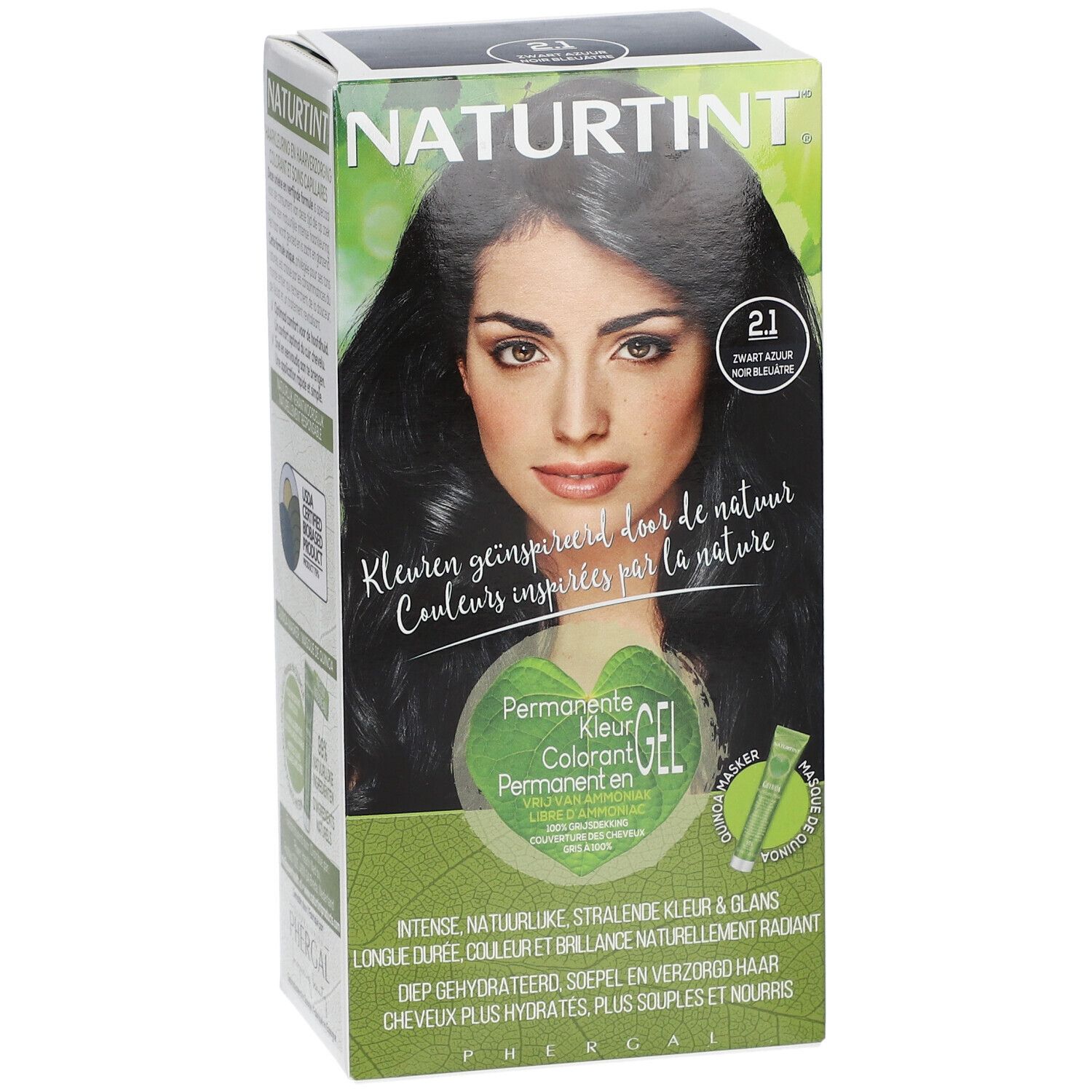 Haarverfverpakking NATURTINT® Azuurzwart 2.1. Vrouw met gekleurd haar. Productafbeelding en tekst. Gel-formule.