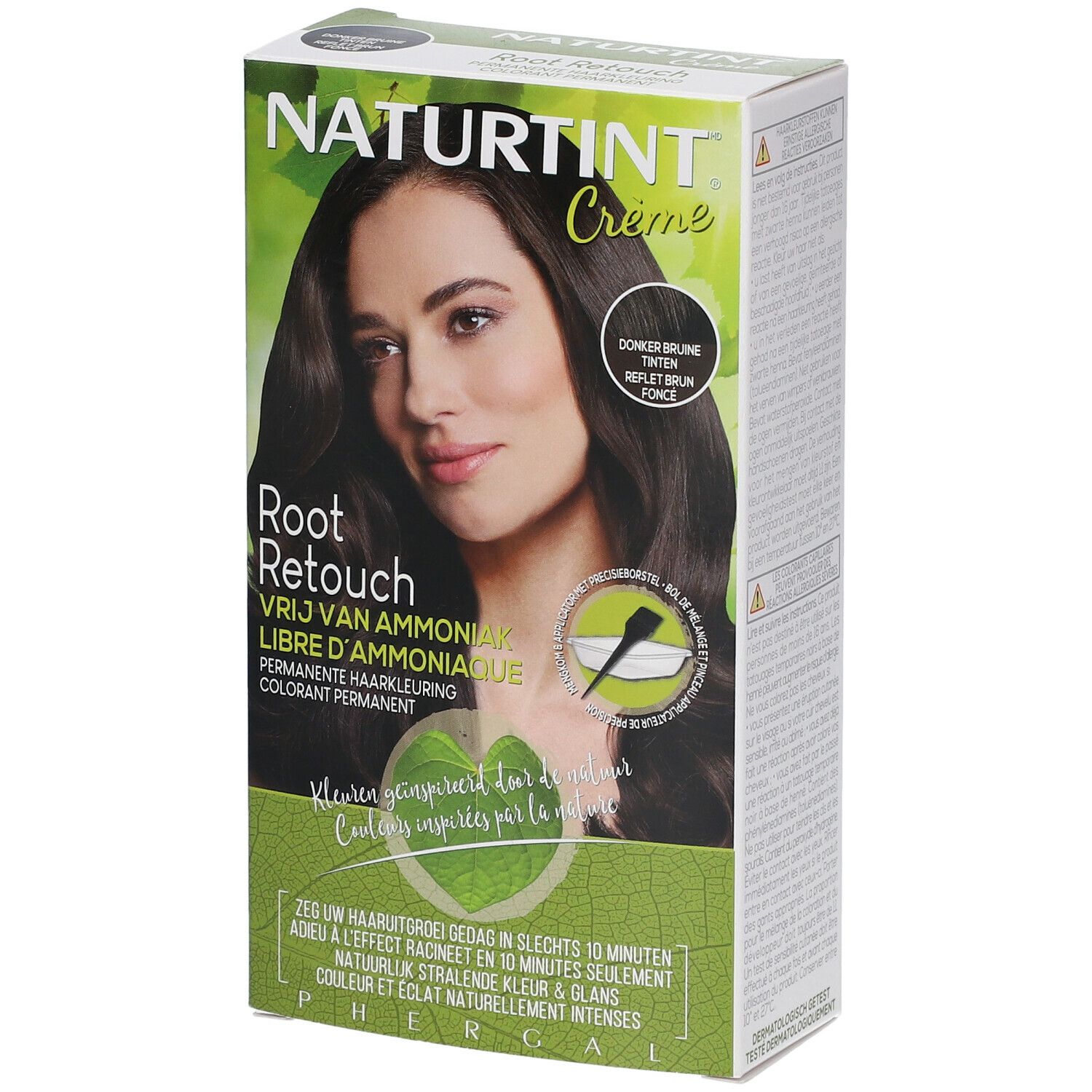 NATURTINT® Root Retouch-Verpackung. Dunkelbraune Haarfarbencreme. Frau mit braunen Haaren. Text: Root Retouch, ohne Ammoniak, Creme.